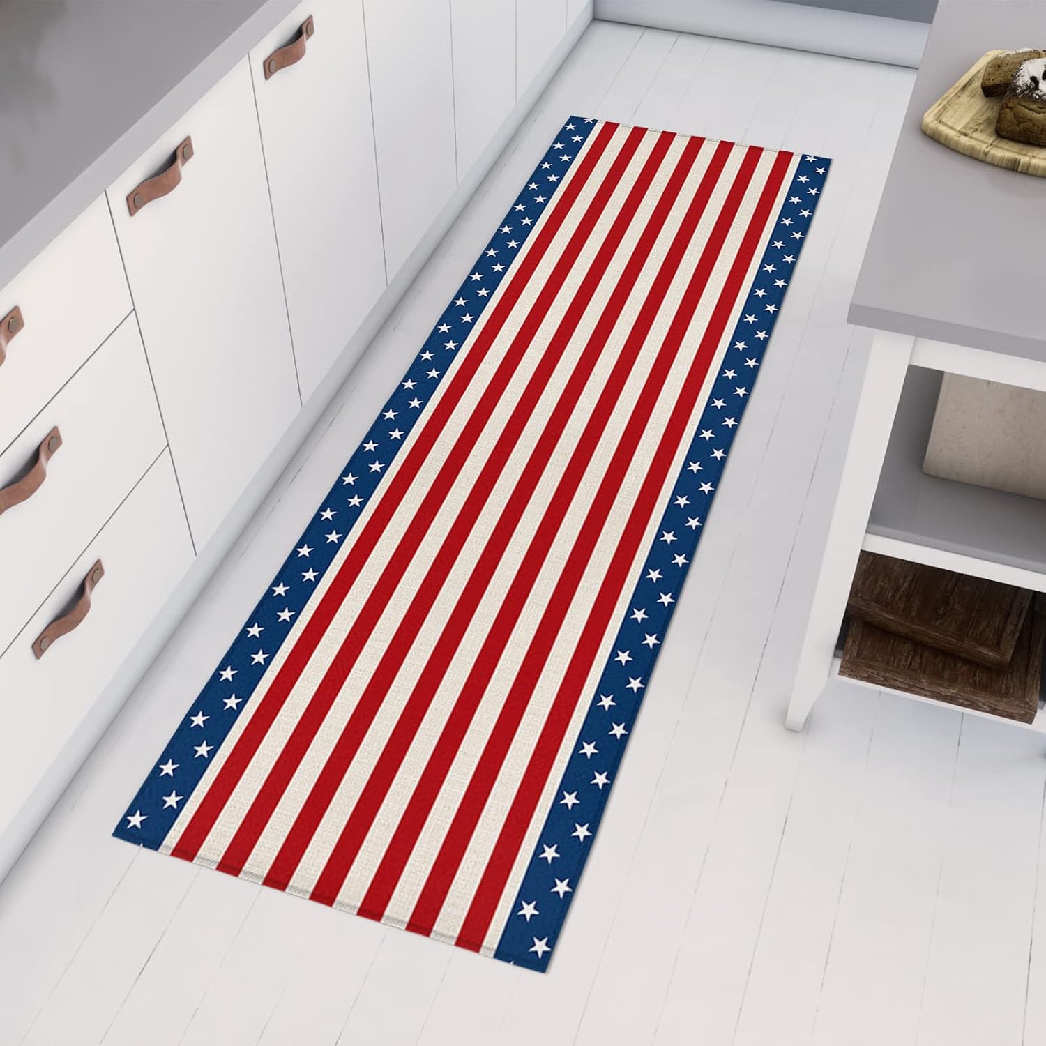 Teamery Kitchen Mats for Floor Patriotic USA Star Stripes Flag Washable Non Slip Kitchen Rugs 1PCS, Blue Red White Absorbent Standing Mats for Sink Bathroom Office Living Room 15.7x47.2in