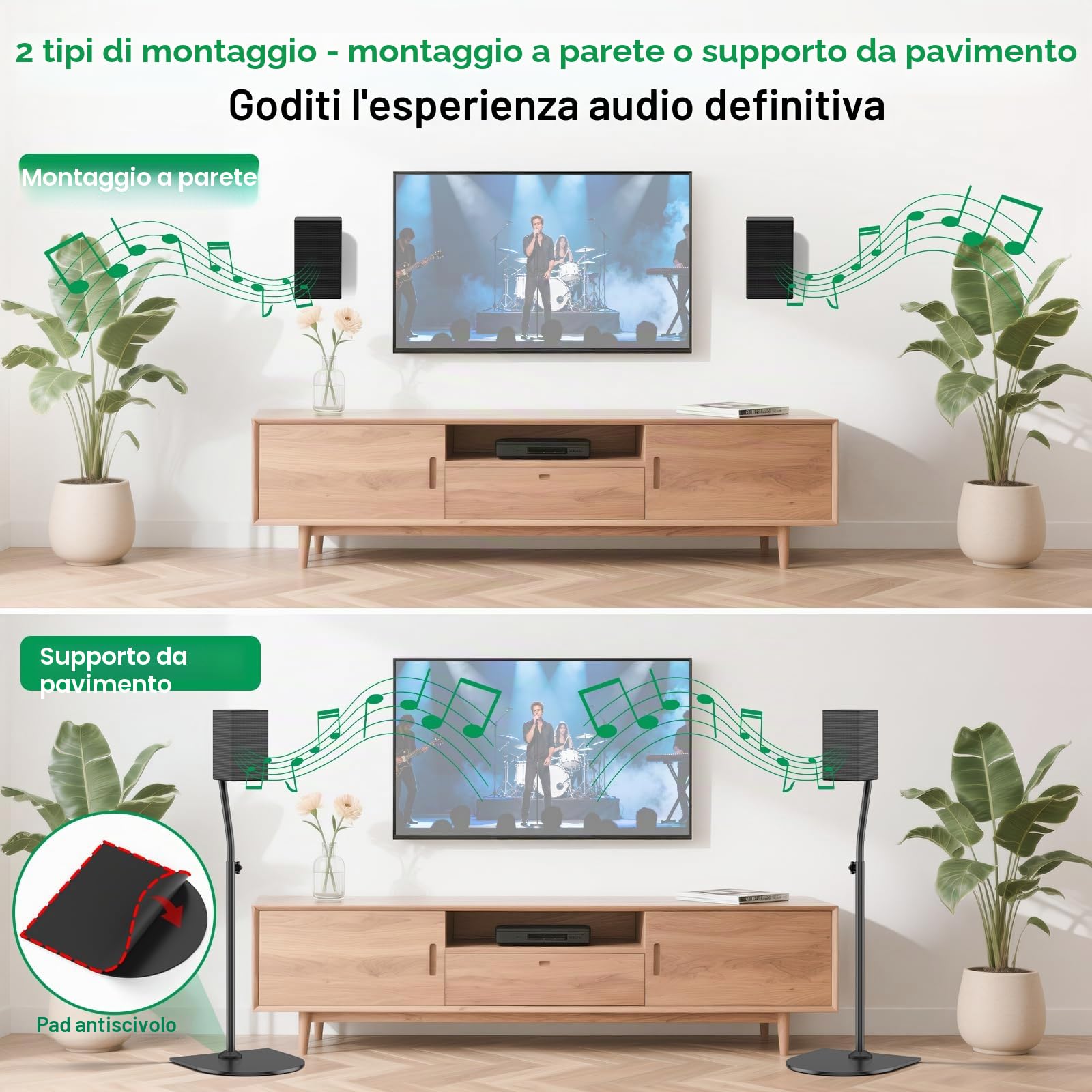 Supporti universali per altoparlanti, montaggio a parete regolabile in altezza da 33" a 42", compatibile con altoparlanti surround Samsung, base stabile e gestione dei cavi, supporta fino a 30 libbre