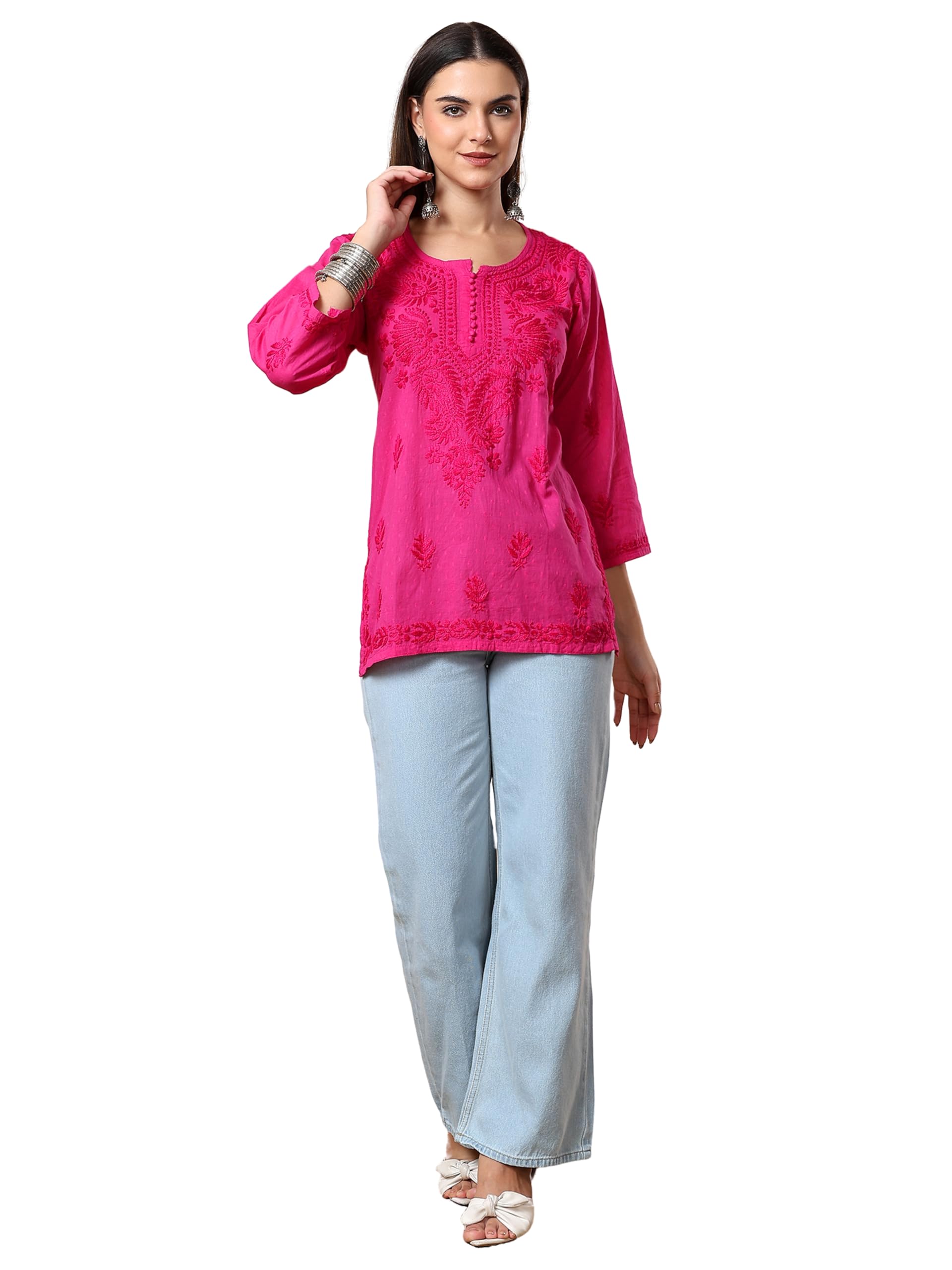 poshak chikan studio Women's Hand Embroidered Lucknowi Chikankari Short Cotton Kurti-picture-19