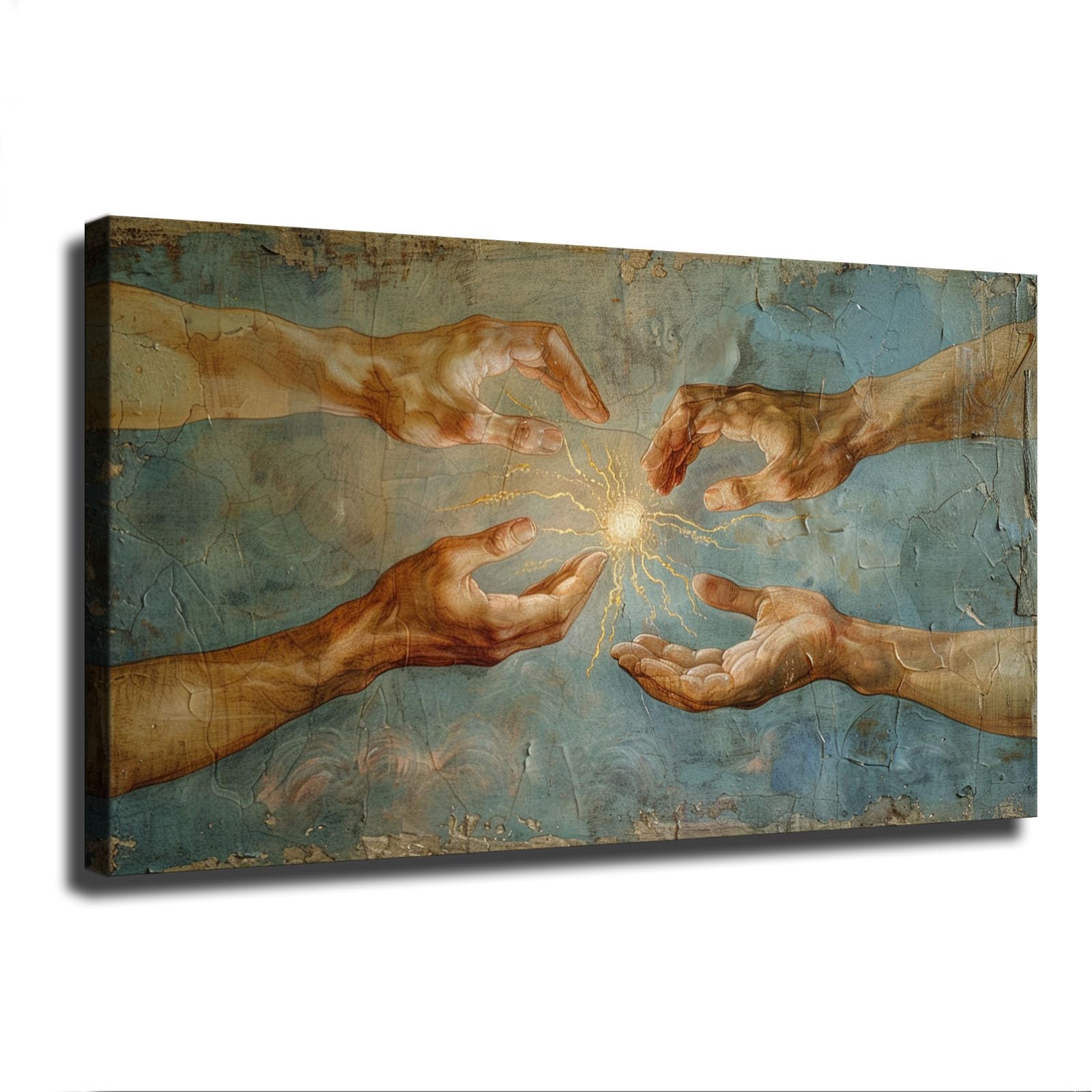 Creation of Adam Inspired Canvas Wall Art Four Hands Golden Light Vintage Renaissance Mural Spiritual Religious Canvas Prints for Living Room Bedroom Church Wall Decor (12×18inch-Framed)