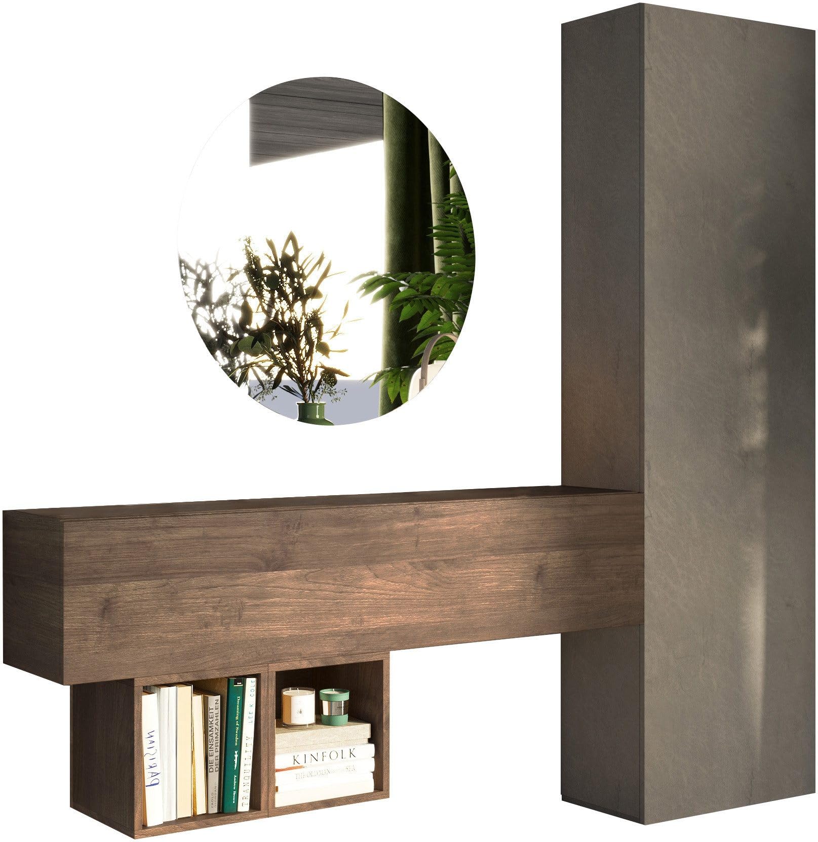 Mobile Ingresso Grande Moderno 192x186x30 cm Made in Italy - Mobiletto da Ingresso Componibile Salvaspazio con Ante Ribalta e Battente - Specchio Retroilluminato LED (Mercure e Argilla, Con Specchio)