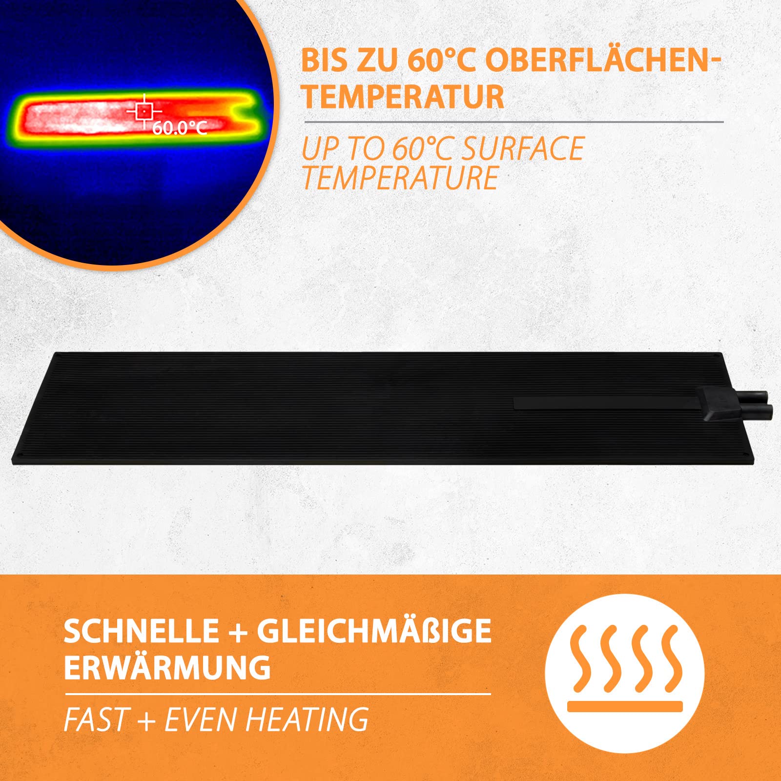 120W Gummi-Heizmatte, Outdoor Heizmatte 25x94cm, bis 60°C, IP65 Spritzwasserschutz, UV beständig, 2.4m Anschlusskabel