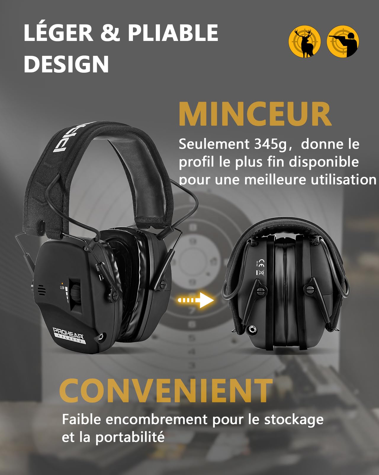 PROHEAR 036 Casque Anti Bruit de Tir Electronique Silicone Coussinets d'oreille Remplaçable, SNR 28dB/NRR 23dB Réducteur de Bruit, Protection Auditive de Amplificateur Sonore