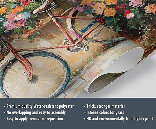 Miniatura 6 de Papel tapiz 3D de bicicleta rosa vintage, murales de flores de paisaje de primavera para sala de estar, pintura al óleo, papel tapiz rústico