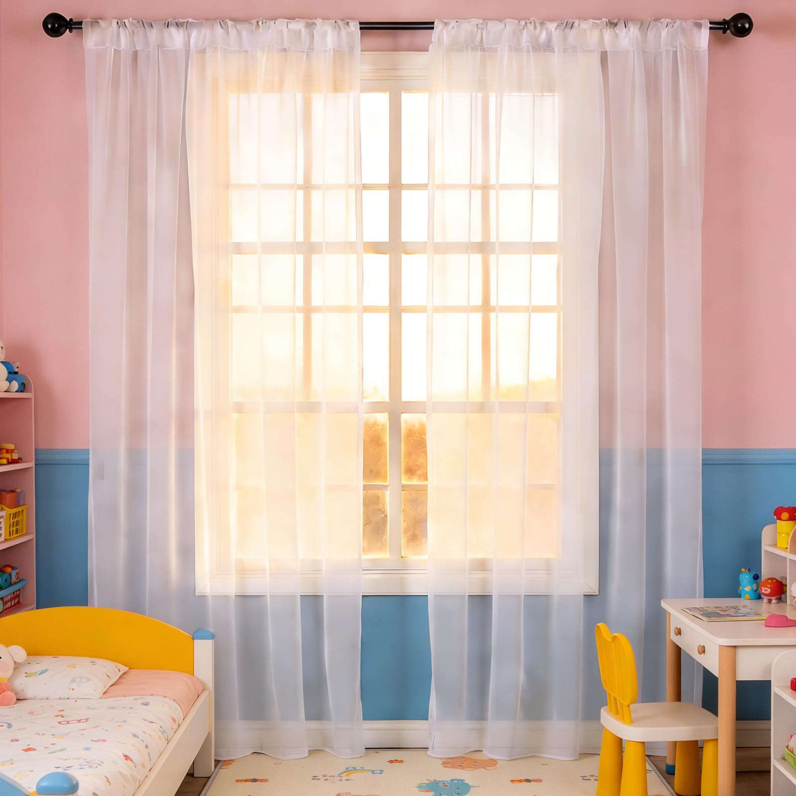 Cortinas translúcidas de 150x105 cm en blanco con aspecto de lino y cinta fruncidora para salón