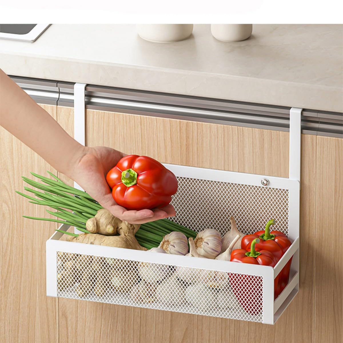 Cesta de almacenamiento para colgar sobre la puerta del armario, cocina, baño, despensa, debajo del fregadero, solución para ahorrar espacio (blanco)