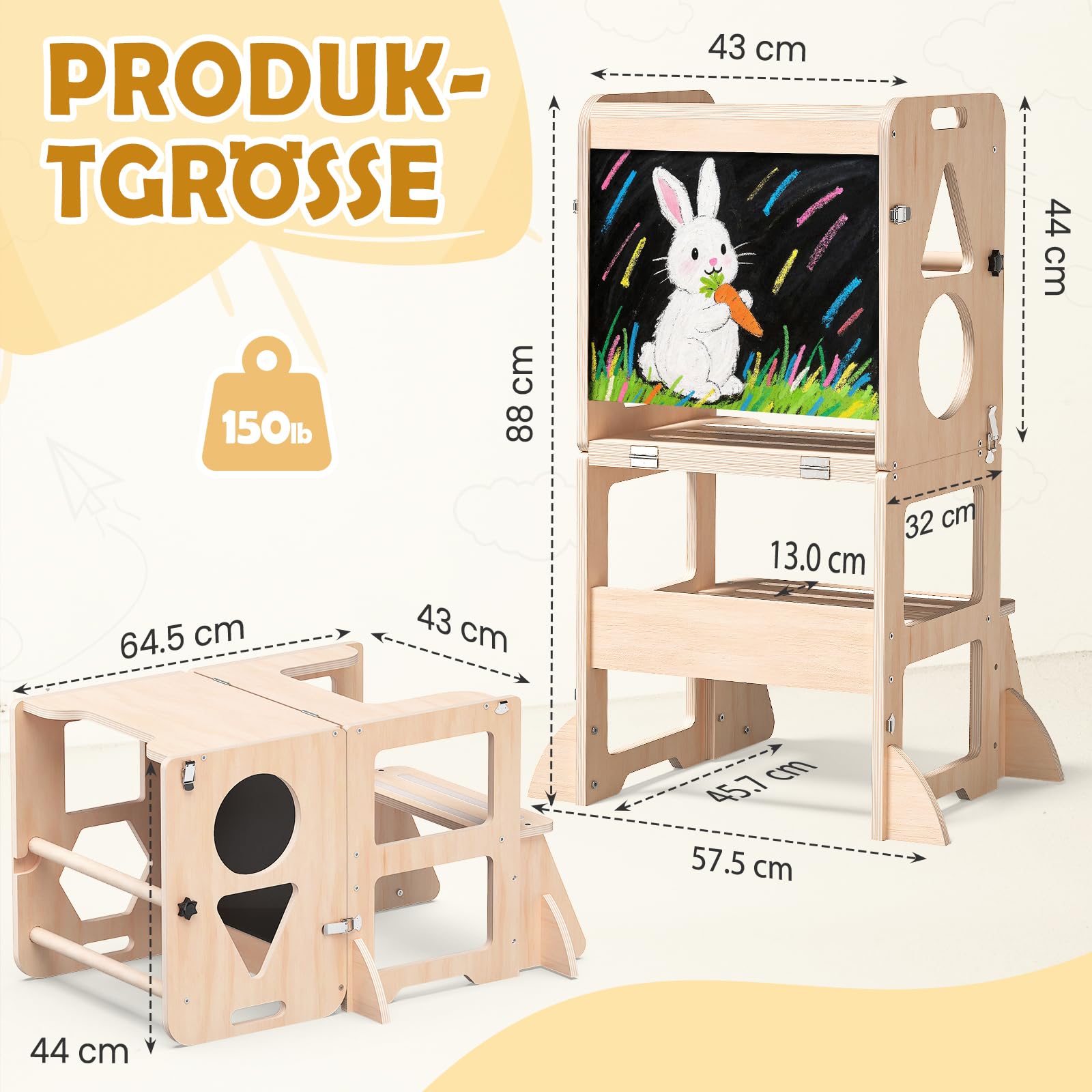 Woodure Lernturm ab 1 Jahr | 3 in 1 Learning Tower für Kinder | Klappbare Tritthocker mit Tafel | Lernturm Für Kinder, für Küche Tisch Bad
