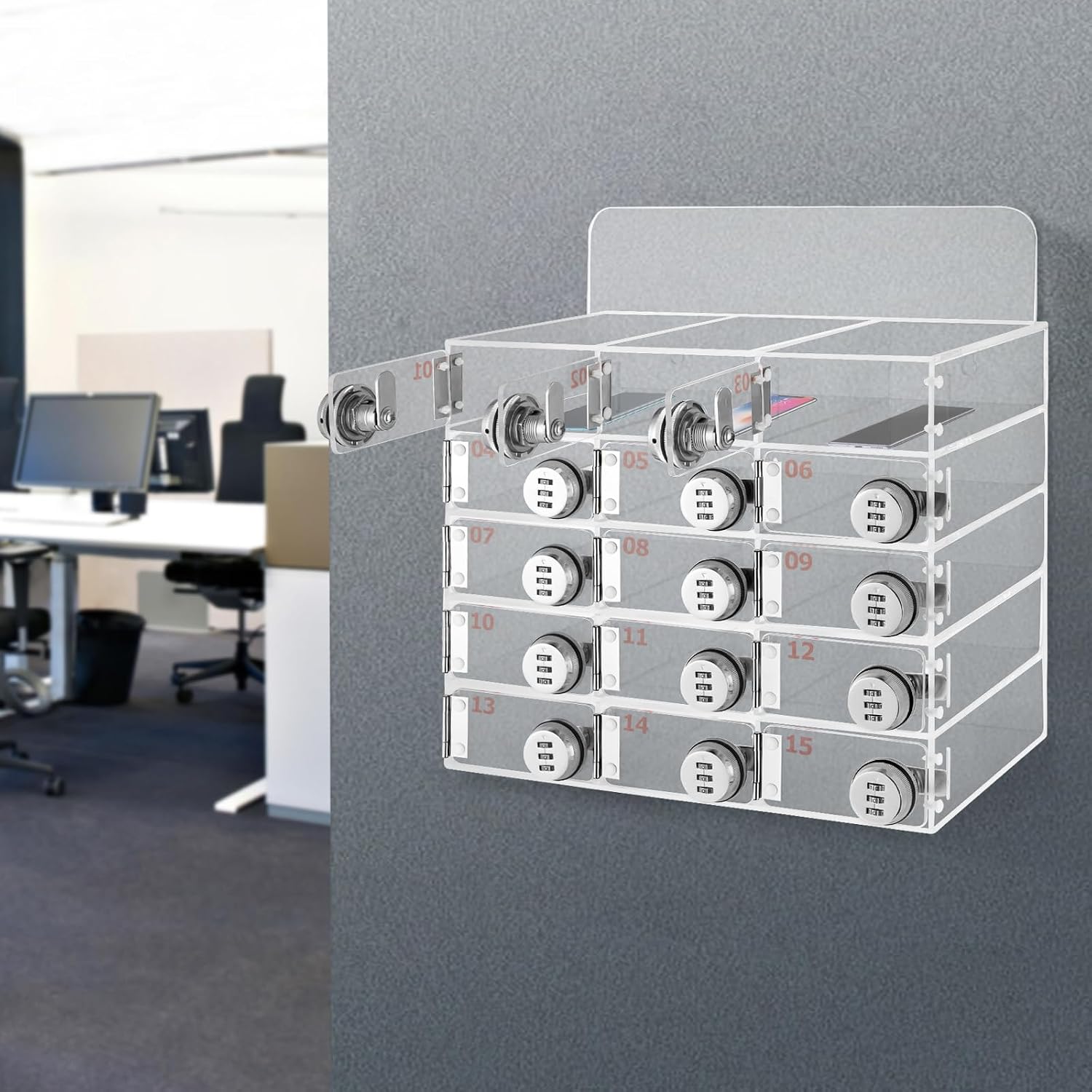 Cell Phones Storage Cabinet Clear Cell Phone Locker Box for Pocket Cellphone Holder,Wall-Mounted&Freestanding with a Locked,Can be Carried by Hand for Office Classroom (15 Slots,Acrylic,W/Code Lock)