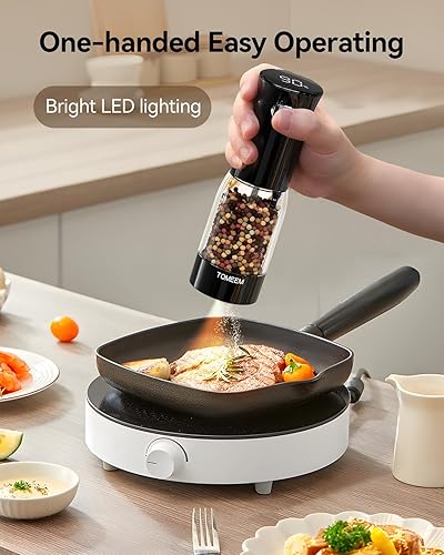 Miniatura 4 de TOMEEM Juego de molinillo eléctrico de sal y pimienta, recargable con indicador de alimentación LED, molienda ajustable de 5 niveles, luz LED,
