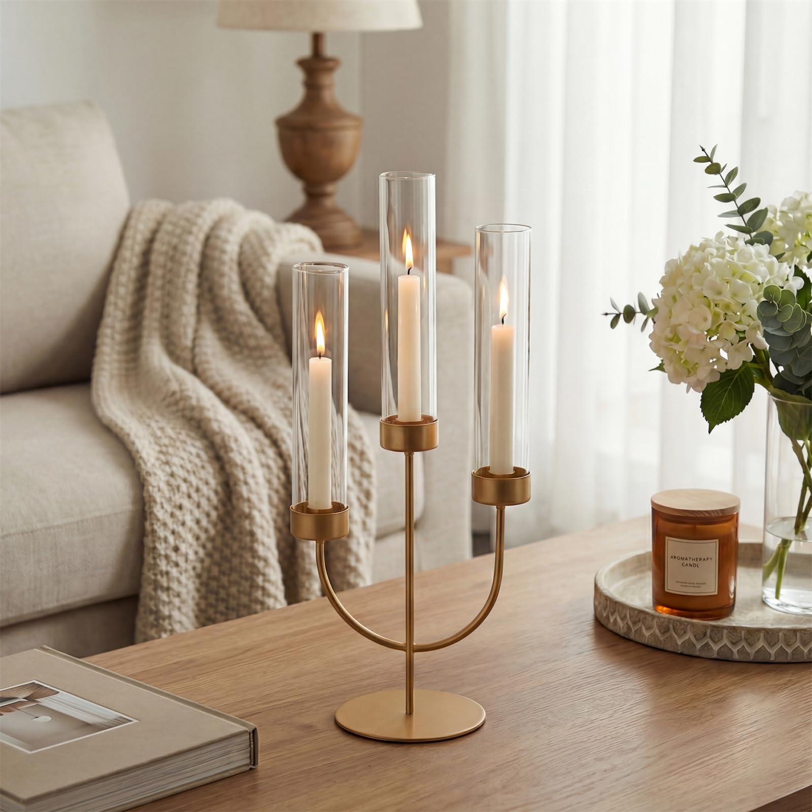 Sziqiqi Candelabro Oro: Centro de Mesa con 3 Brazos y Cristal Antiviento para Decoración de Navidad - Candelero Moderno para Exteriores