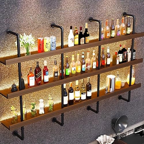 Moderno estante para vino de montaje en pared, estante industrial grande para almacenamiento de vino con luz LED con soporte para copas de vino,