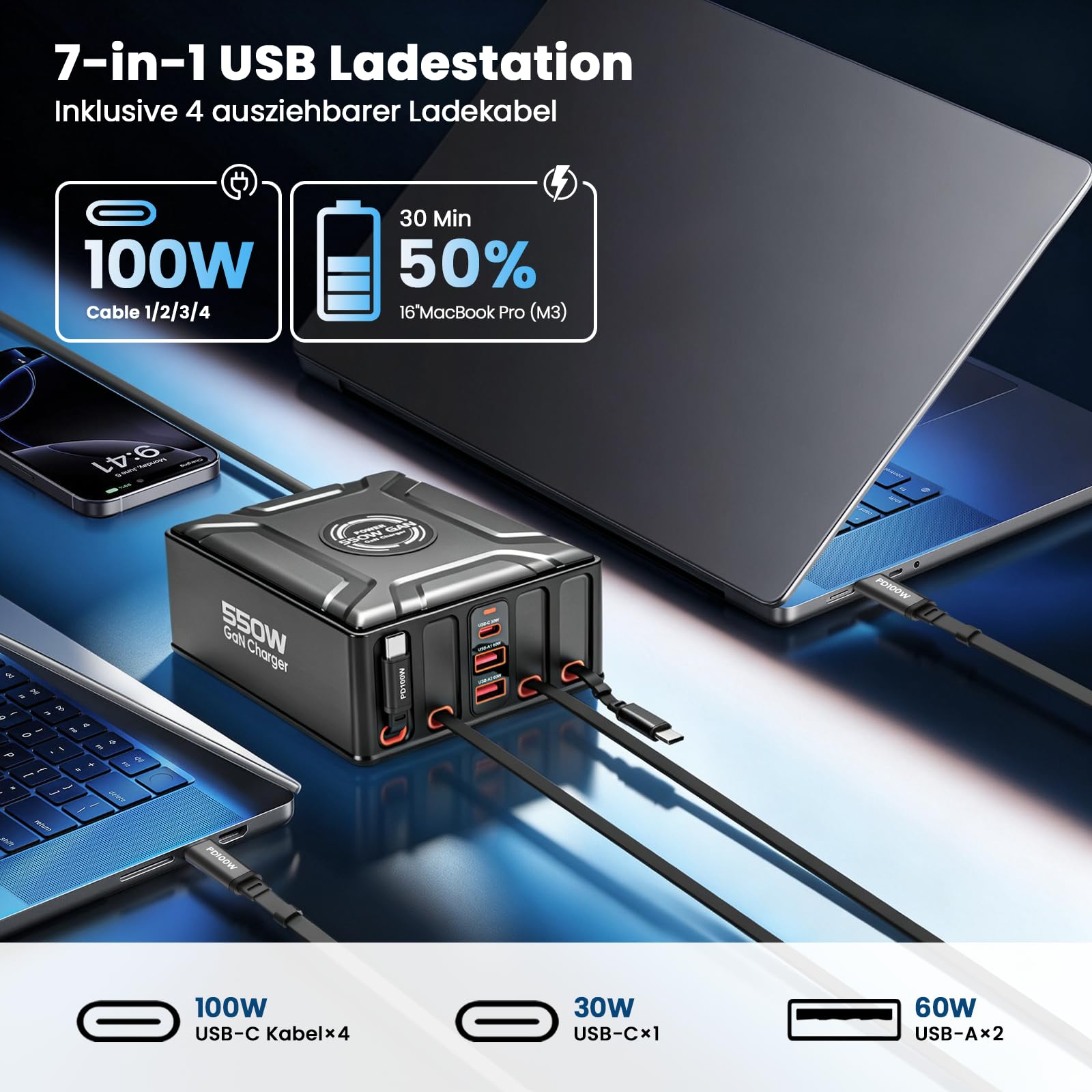 Caricatore USB C 7 in 1 e 550 W, 4 cavi retrattili USB-C da 100 W + caricatore rapido per laptop a 3 porte, alimentatore multiplo GaN, caricatore PD compatibile con MacBook, iPhone 17/16/15, Galaxy