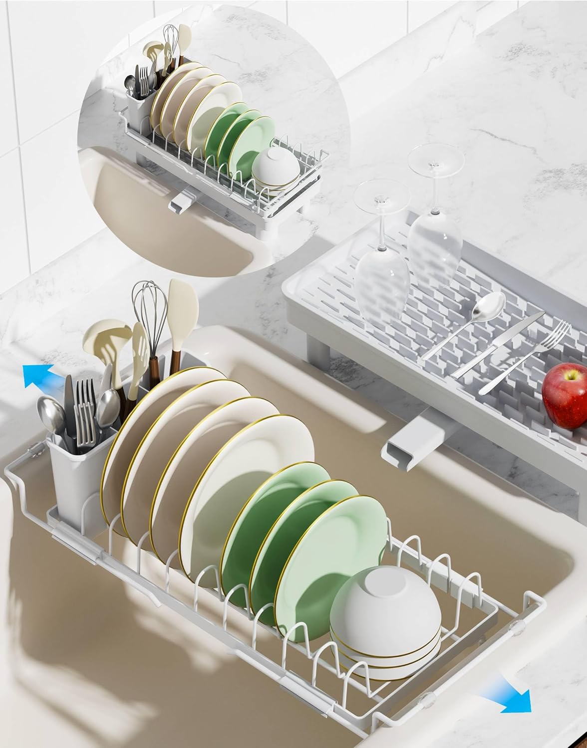 Nacial 2-in-1 Small Dish Drying Rack Fits 14''–21.8'' Sink, Dish Drainers for Kitchen Counter Extend Kitchen Sink Drain Basket with Utensil Holder & Auto-Drain Tray, Stainless Steel Plate Rack, White