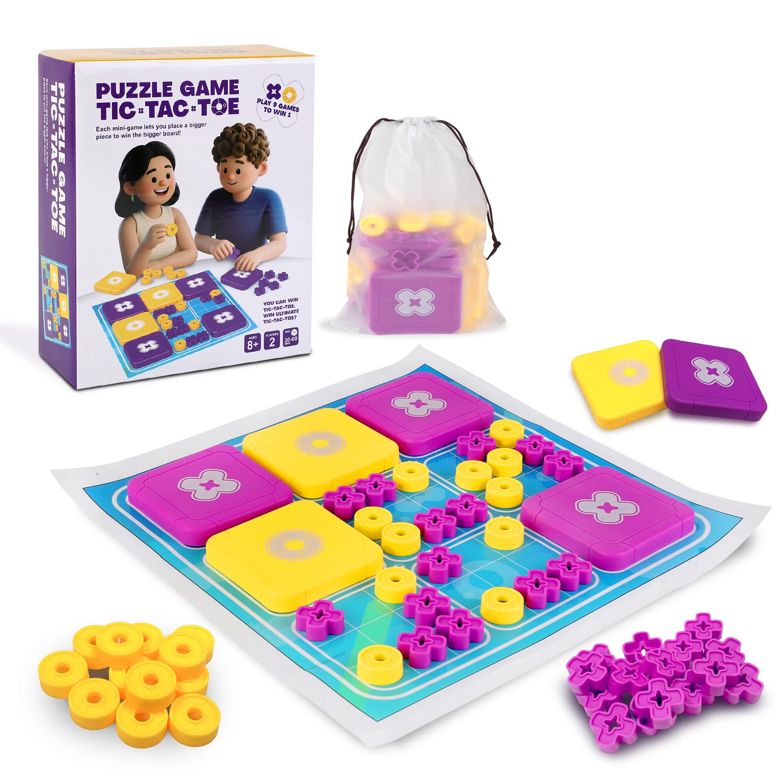 Tic Tac Toe Game, Noughts and Crosses Game, Fun Travel Board Game, Strategy Children's Games, Interactive Classic Party Travel Puzzle, Ultimate Tic Tac Toe, for 2 Players