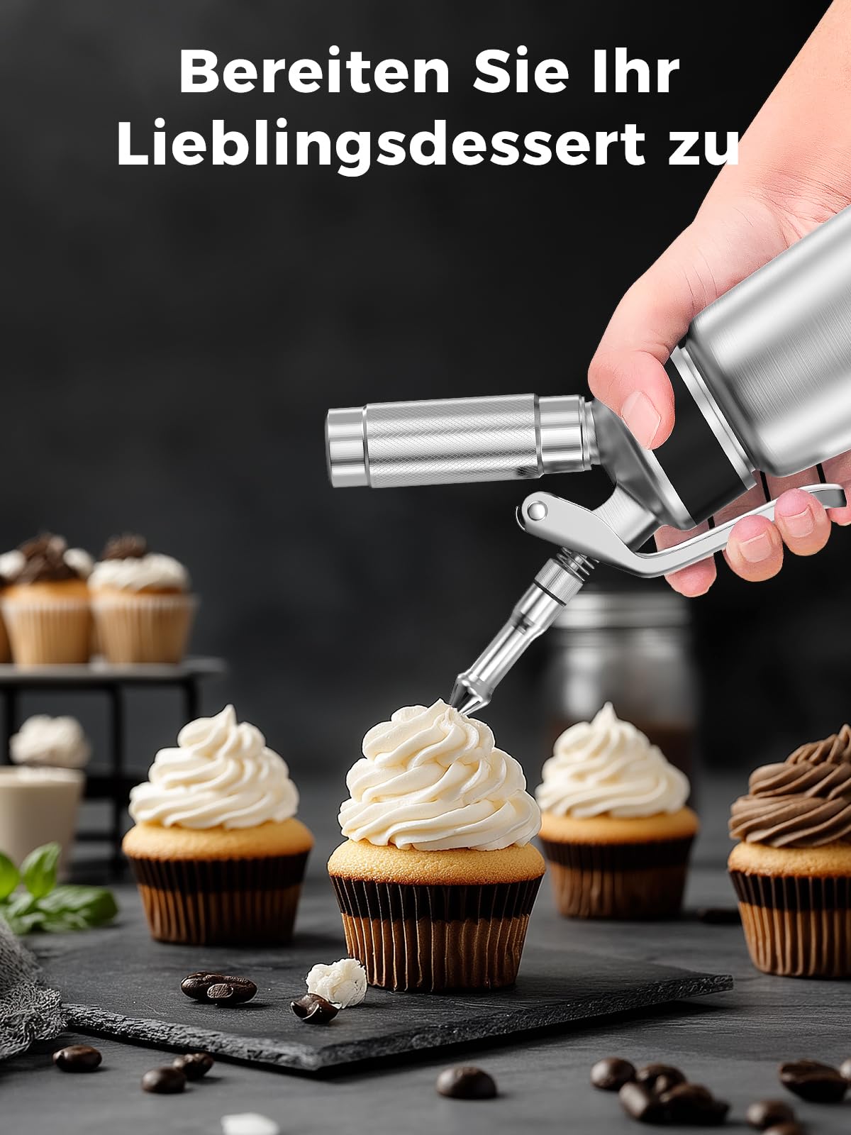 Sahnespender,Edelstahl Sahnesiphon 500ml,inklusive Ersatzteile 3 Spritztüllen und 1 Reinigungbürste, Schlagsahnebereiter,Deutsche Anweisungen