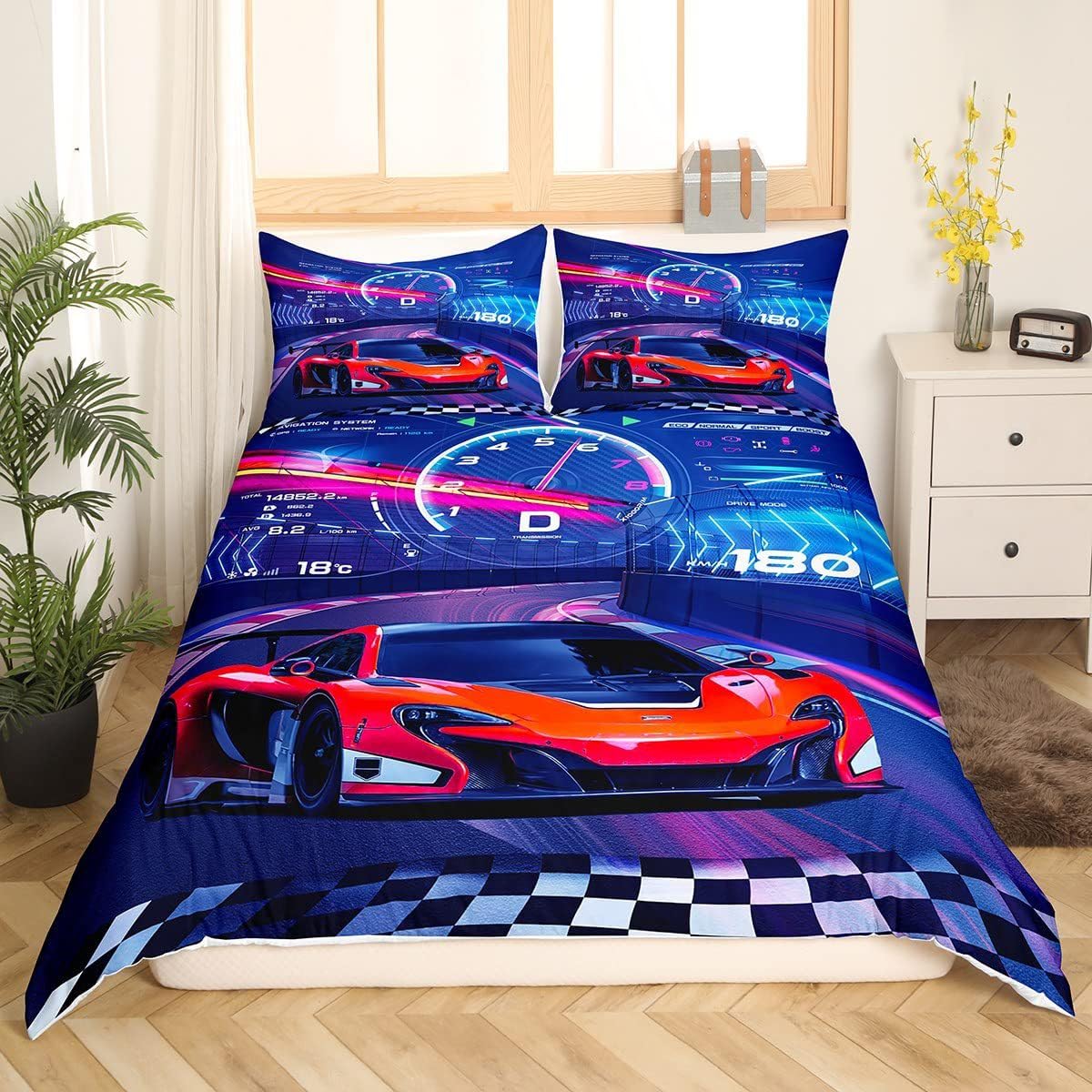 LYJKLST Sports car Bedding Red racing car Duvet Quilt Covers Car style Bed Set Extreme sports Quilt Cover Set With Pillowcase for Kid Teens Boys and girls Man Duvet Set King