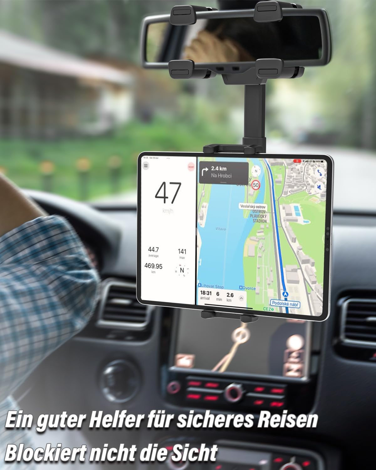 LYFICCS Car Tablet Mount for Rearview Mirror, Upgraded Four Clamp Anti-Shake Vehicle Rear View Mirror Holder for iPad Pro/Air/Mini, Galaxy Tab, iPhone 16 15 14 13 12, Compatible with 4-12.9