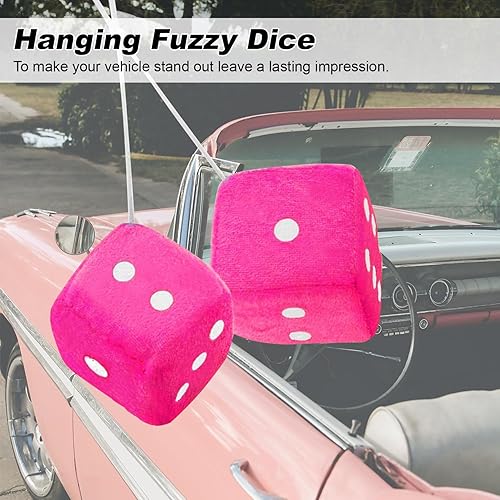 Miniatura 7 de Zone Tech - Par de dados mullidos para espejo de automóvil, rosa y blanco, par de dados de 3 pulgadas felpudos para espejo, dados colgantes rosa y