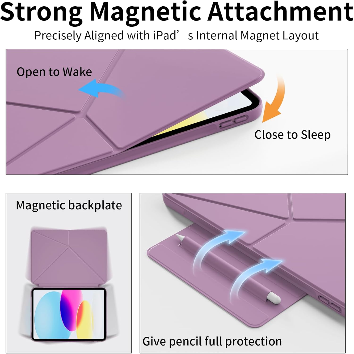 KenKe Case for iPad (A16) 11-inch 2025 and iPad 10th/11th Generation 10.9 Inch 2022 with Pencil Holder, Multiple Angles Strong Magnetic Slim Stand Cover, Removable PC Shockproof Back, Purple