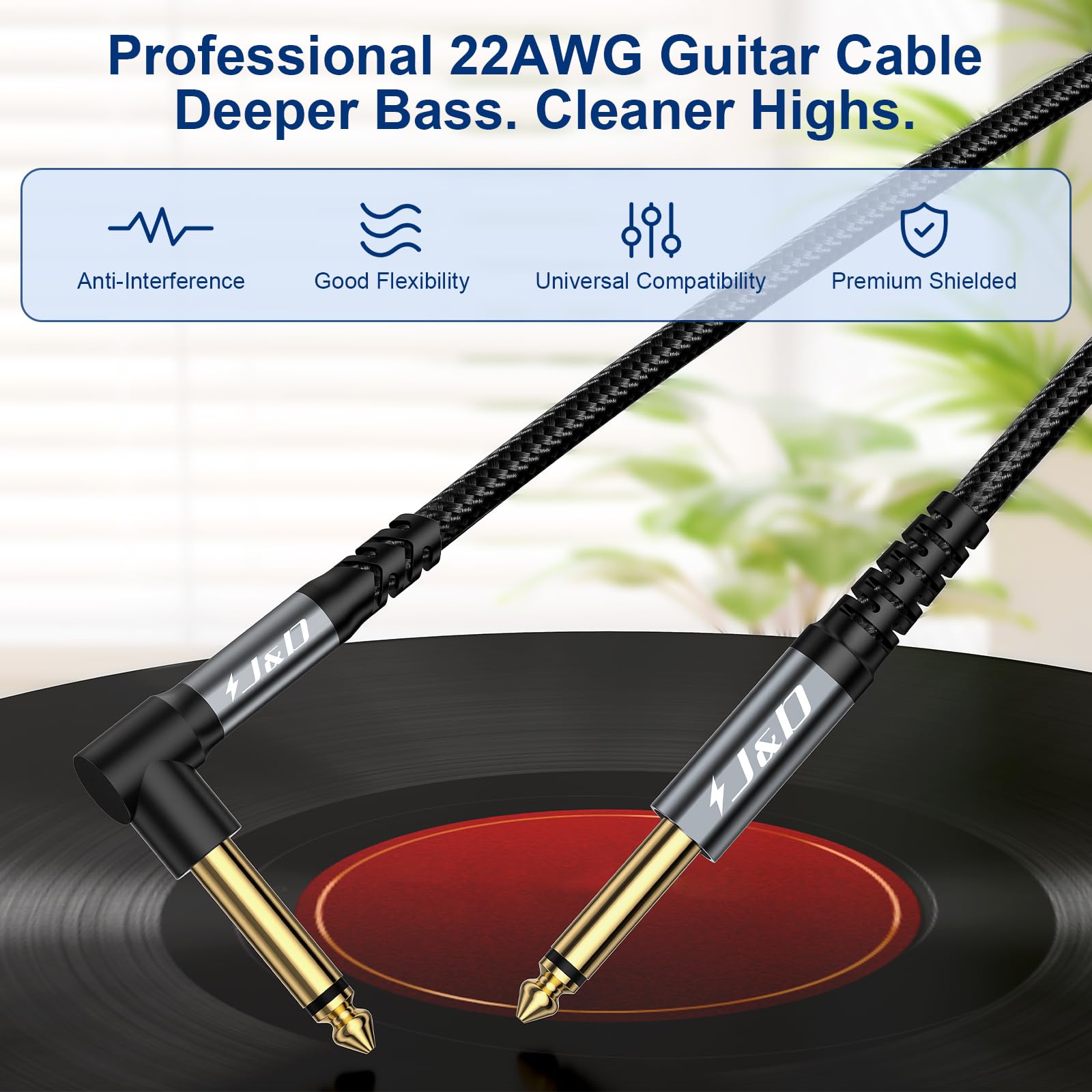 J&D Cable de Guitarra 2 Pack, Cable Instrumental TS 1/4 Pulgada (6.35mm), para Guitarra Eléctrica, Bajo, Teclado, Amplificador, Altavoz, Angulo Recto a Recto, Gris, 4,5 Metros