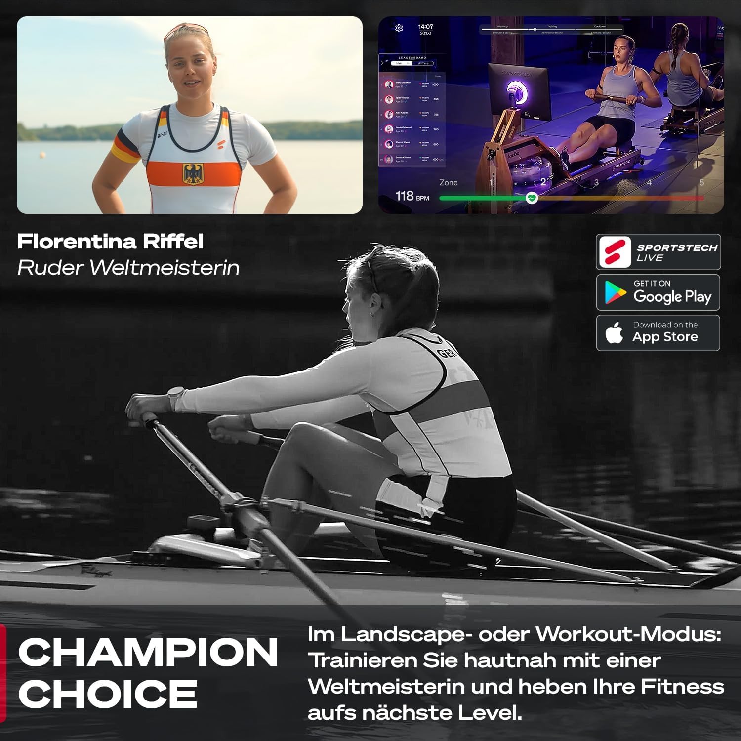 Sportstech AquaElite, Wasser Rudergerät für zu Hause, authentisches Rudererlebnis, Cardio und Ganzkörpertraining, Massivholz, klappbar, LED-Wassertank, 10,1" oder 21,5" Display mit App