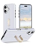 Jusy Stripes Phone Case Compatible with iPhone 17, with Finger Hand Strap Kickstand Shockproof Soft TPU Protective Cover for Women Girls, Blue and White