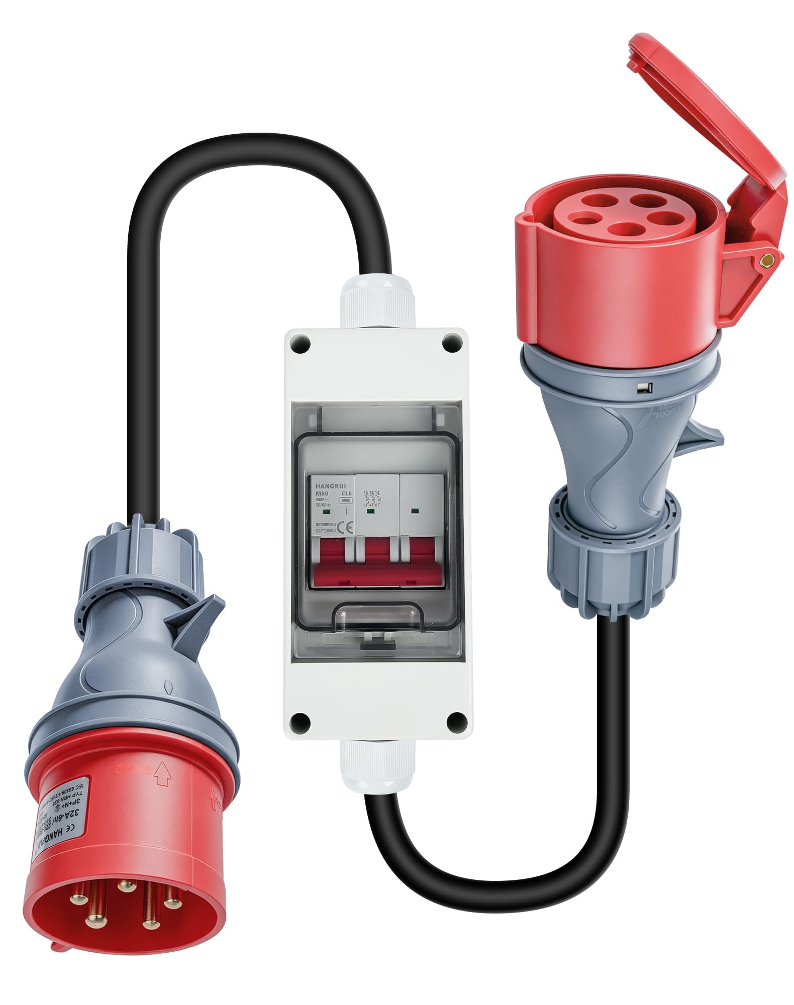 Adapter CEE 32 A na 16 A z MCB 5-biegunowy redukcja prądu silnego 400 V, wtyczka 32 A do złącza 16 A, H07RN-F 5G2.5, kabel przemysłowy, 1 m, IP44, ochrona przed przeciążeniem do ładowarek EV, kamperów