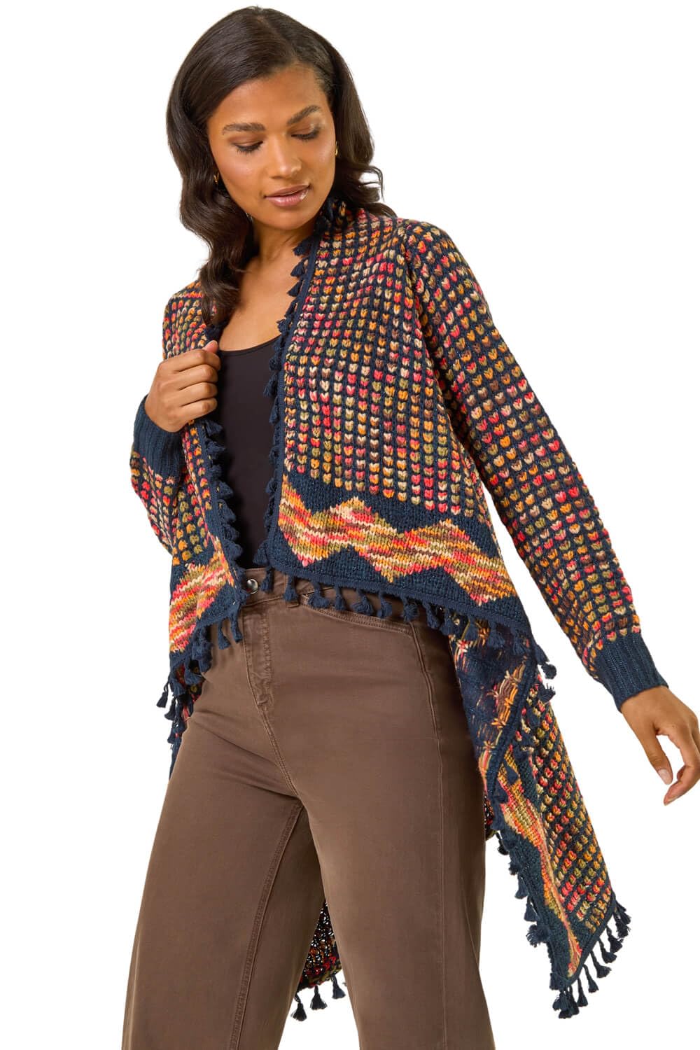 Roman Women's Navy Ombre Tassle Cardigan Sweater In | : Size 18