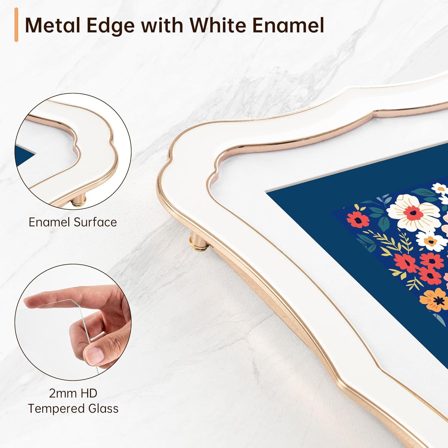 8x10 Enamel Picture Frame with HD-Tempered Glass, Display 5x7 Photo with Mat, Ornate Photo Frame with Gold Metal Edge & Velvet Back for Tabletop & Wall Mount Vertically or Horizontally Display, White