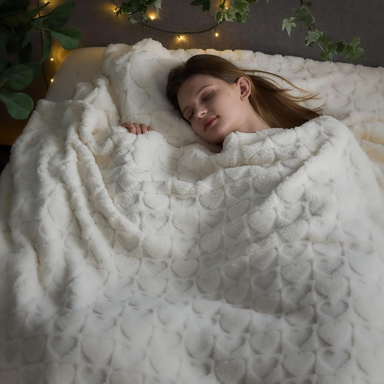 NEWCOSPLAY Super Soft King Blanket Off White Love Premium Silky Flannel Fleece 3D Heart Checkered Lightweight Bed Blanket All Season Use (Off White Love, King(90"x110")) - Image 2