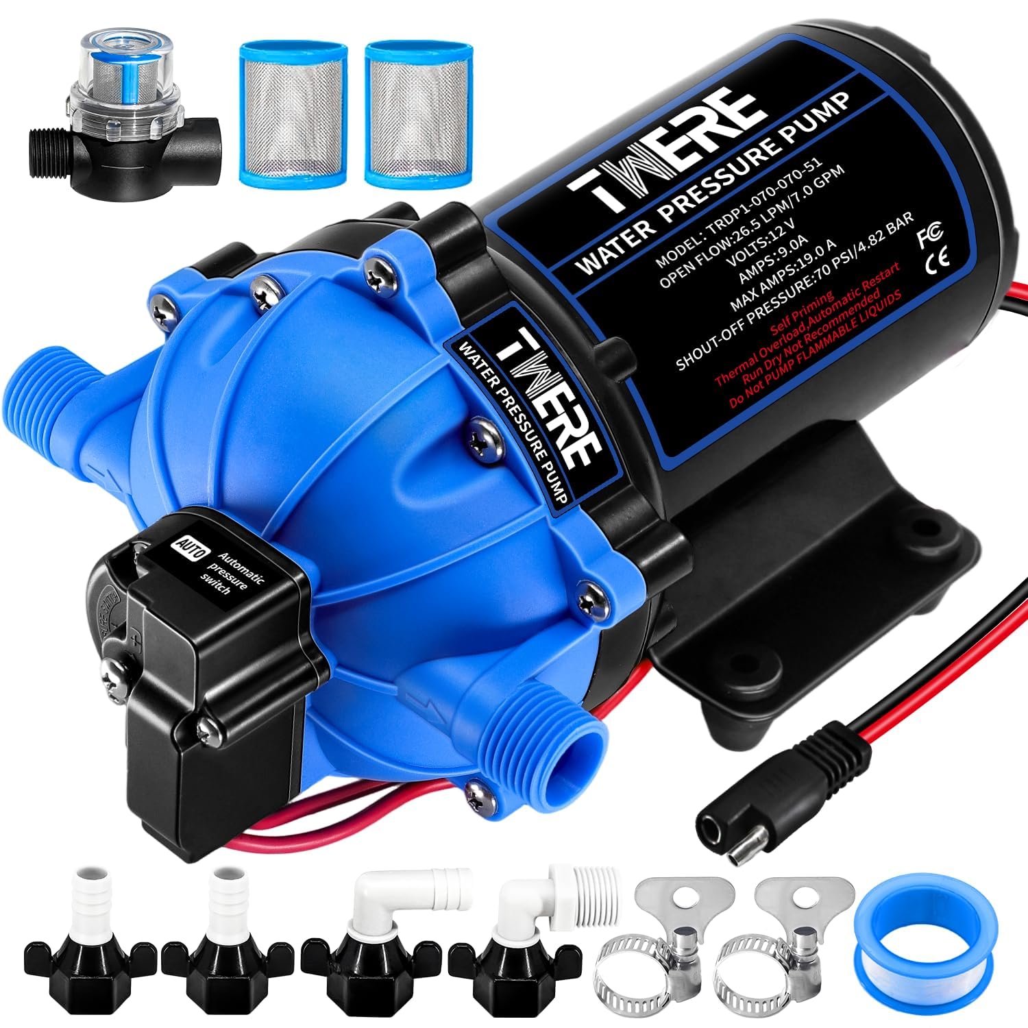 12V DC Water Pressure Pump,Sprayer Pump,7.0GPM 70PSI Five Chamber Diaphragm Water Pump,Up to 10FT 250W Self-Priming with Heavy Duty Pressure Switch,Ideal for Agricultural Spraying Marine Yacht