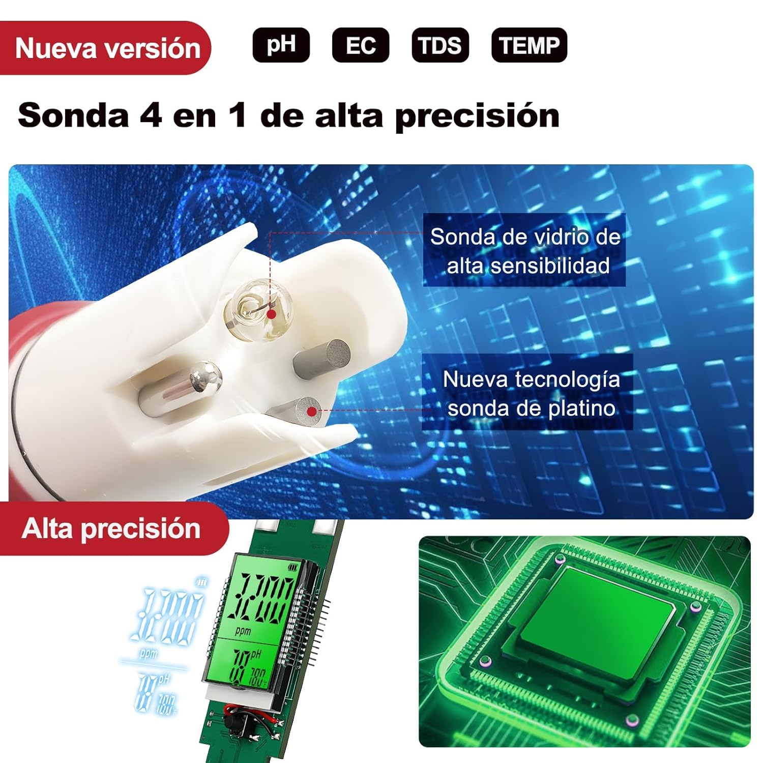 Medidor TDS pH EC 4 en 1 ph-metro para agua potable hidroponía acuario