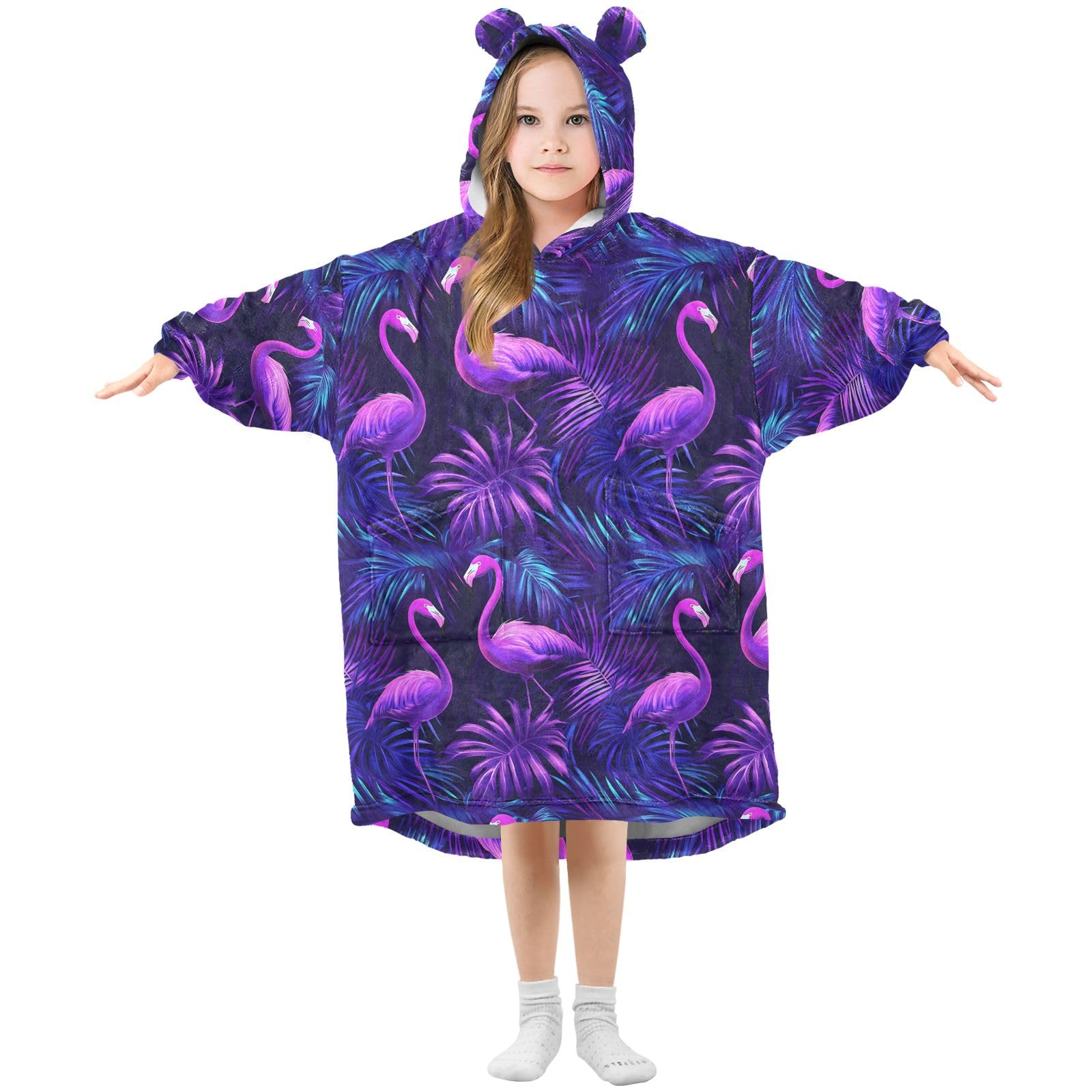 Flamingo-Bademantel für Kinder, tragbar, mit Kapuze, weicher Flanell-Bademantel mit Ohren und Taschen, warme Nachtwäsche für Kleinkinder, Jungen, Mädchen