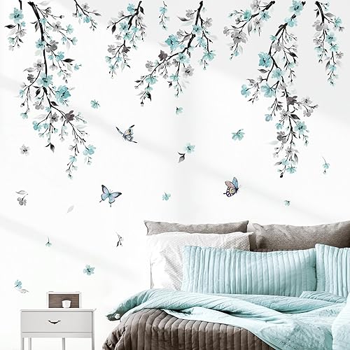 wondever Calcomanías de pared de acuarela con flores y vides, color azul, para colgar en ramas de árbol, para sala de estar, dormitorio, pared de TV