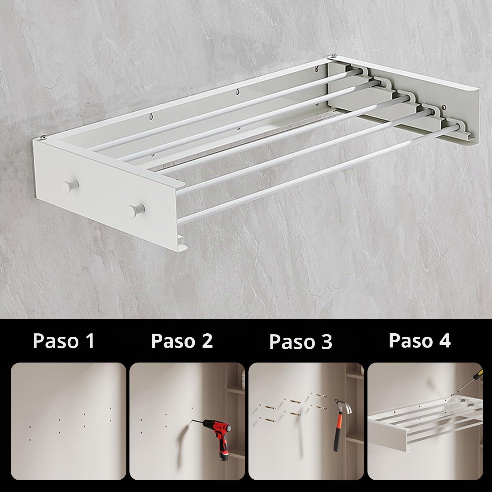 Tendedero de pared de acero al carbono y aluminio, tendedero sencillo de pared, plegable, para interior y exterior, tendedero de pared extensible para balcón (blanco con 4 ganchos)