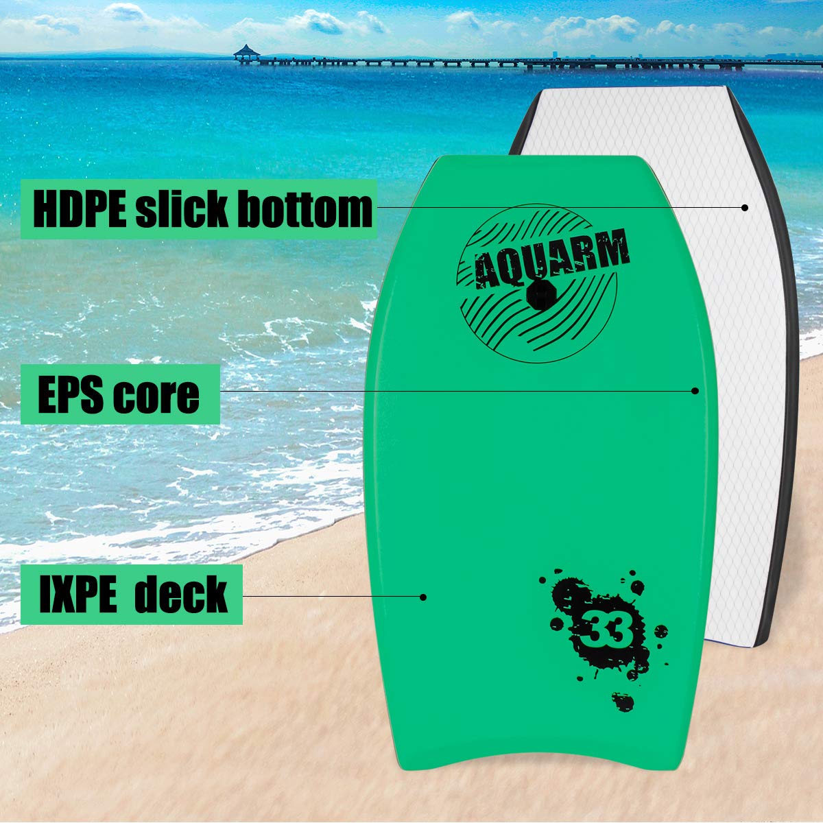 Bodyboard 83.8 cm Verde para Surf | Núcleo EPS ligero, parte inferior lisa de alta velocidad, incluye correa de muñeca, para niños, adolescentes y adultos