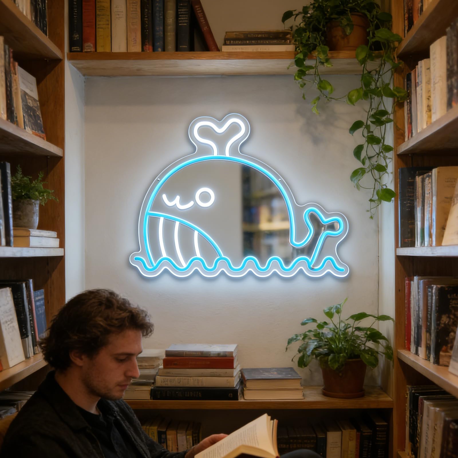 Dreamy Whale Shape USB Mirror LED neonowy znak, wisząca dekoracja pokoju dziecięcego o tematyce oceanu, miękka lampka nocna, kreatywna lampa nastrojowa do salonu/sypialni, prezent i dekoracja (biały +