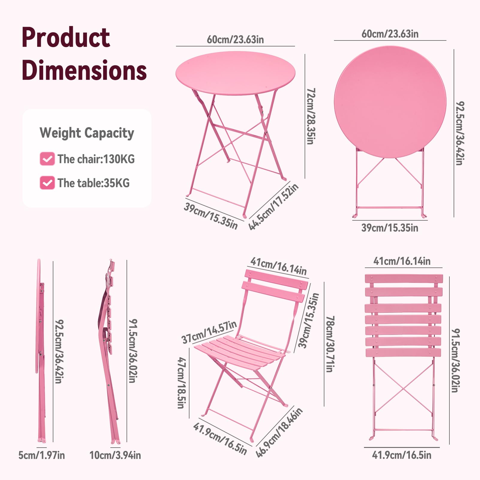Warmiehomy 3 Piece Folding Bistro Set, Metal Outdoor Table and Chairs Set 2 with Anti-Slip Feet, Space Saving Conversation Patio Furniture for Balcony, Garden, Yard, Lawn, Café, No Assembly, Pink — view 6