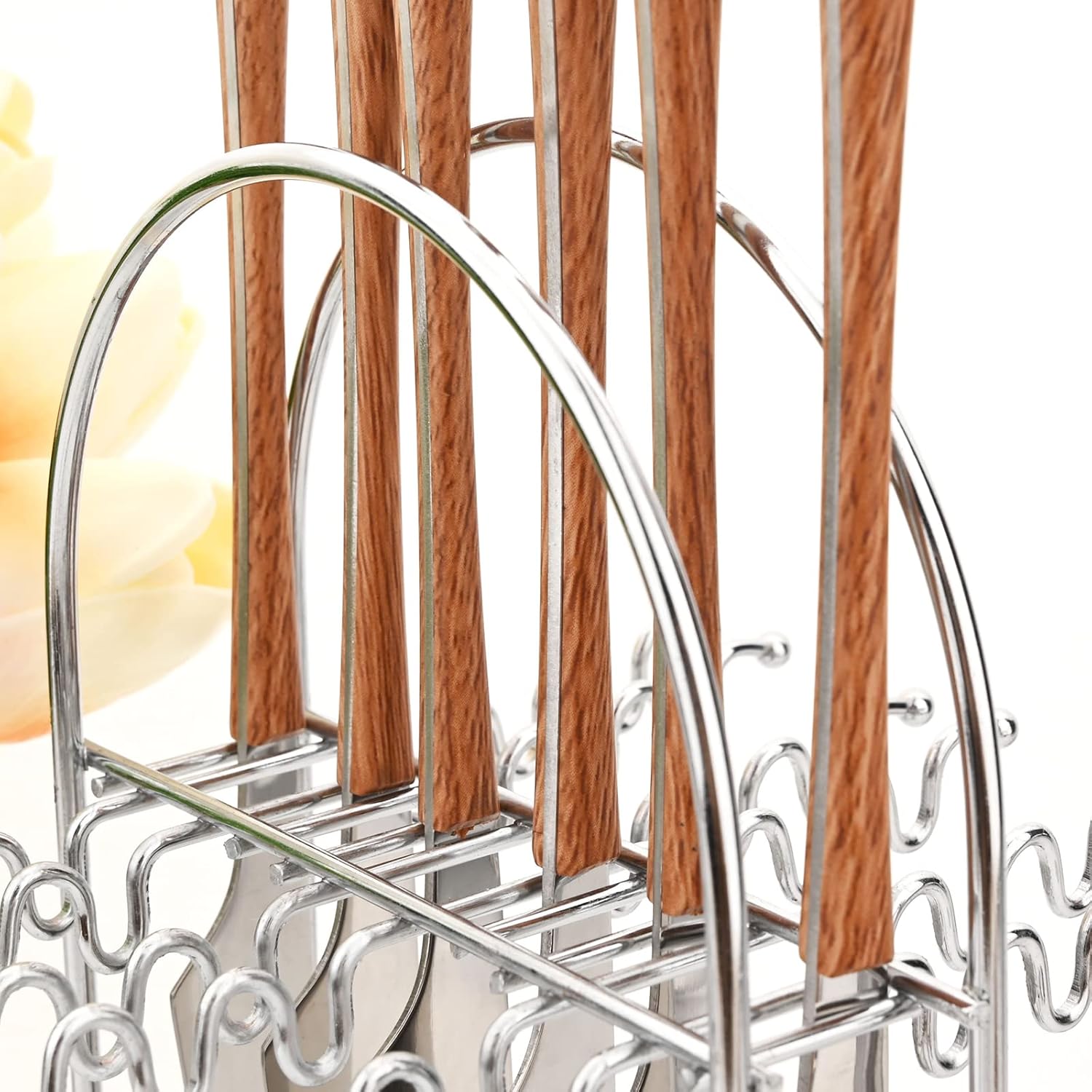 24-Piece Hanging Cutlery Set With Flatware Stand, Mirror Stainless Steel Silverware Wooden Handle Kitchen Utensils For Home Restaurant And Wedding Party, Service For 6, Brown Silver