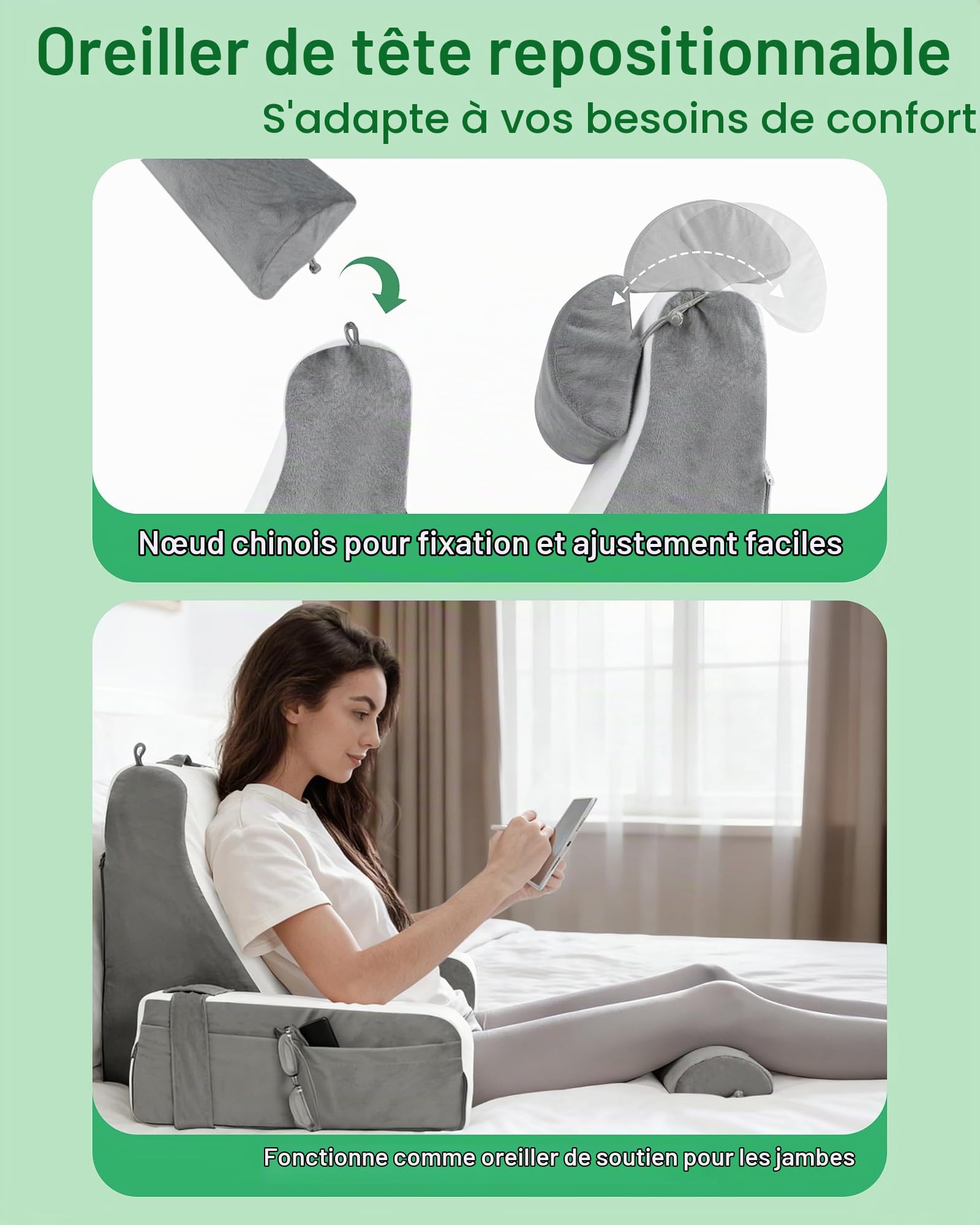 Coussin de Lecture pour Lit Coussin Support Dorsale | Avec Oreiller Cervical et Accoudoirs Amovibles, Oreiller de Lecture pour se Détendre, Regarder la Télévision ou Lire