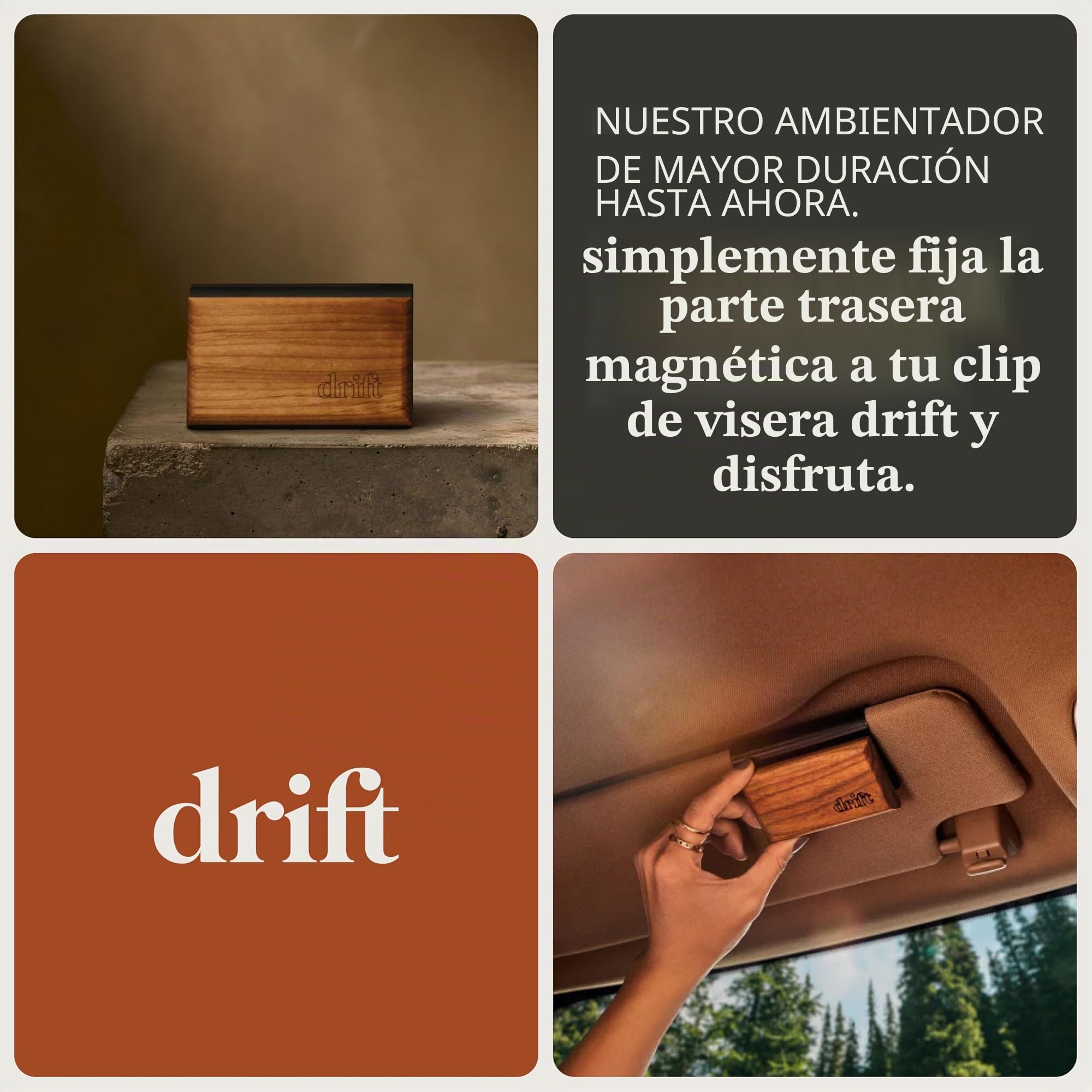 Drift Ambientador para coche, ambientador de madera original, eliminador de olores de coche, aroma de larga duración, clip de metal, aceites esenciales, ingredientes limpios, aroma a pino, paquete de