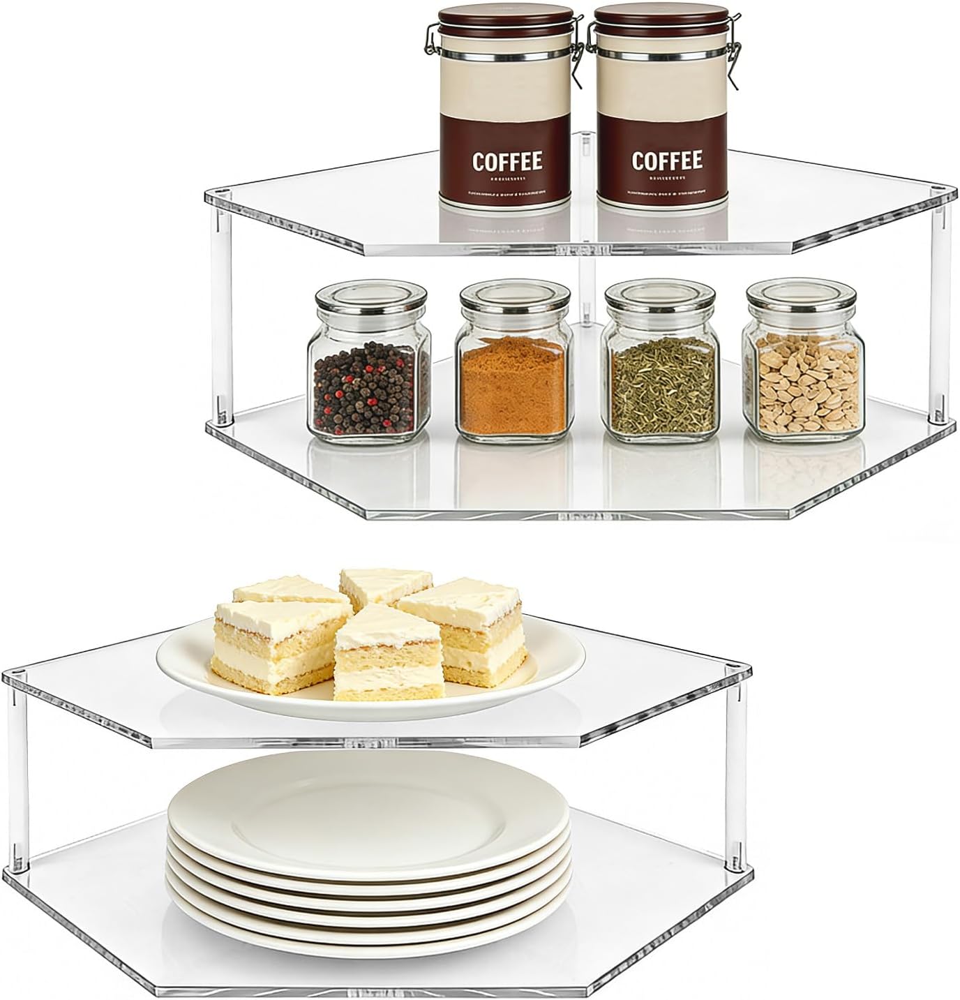 Acrylic Corner Shelf (2 Pack), 2 Tier Acrylic Plate Organizer for Cabinet & Countertop, Pantry Dish and Spice Rack for Kitchen Storage