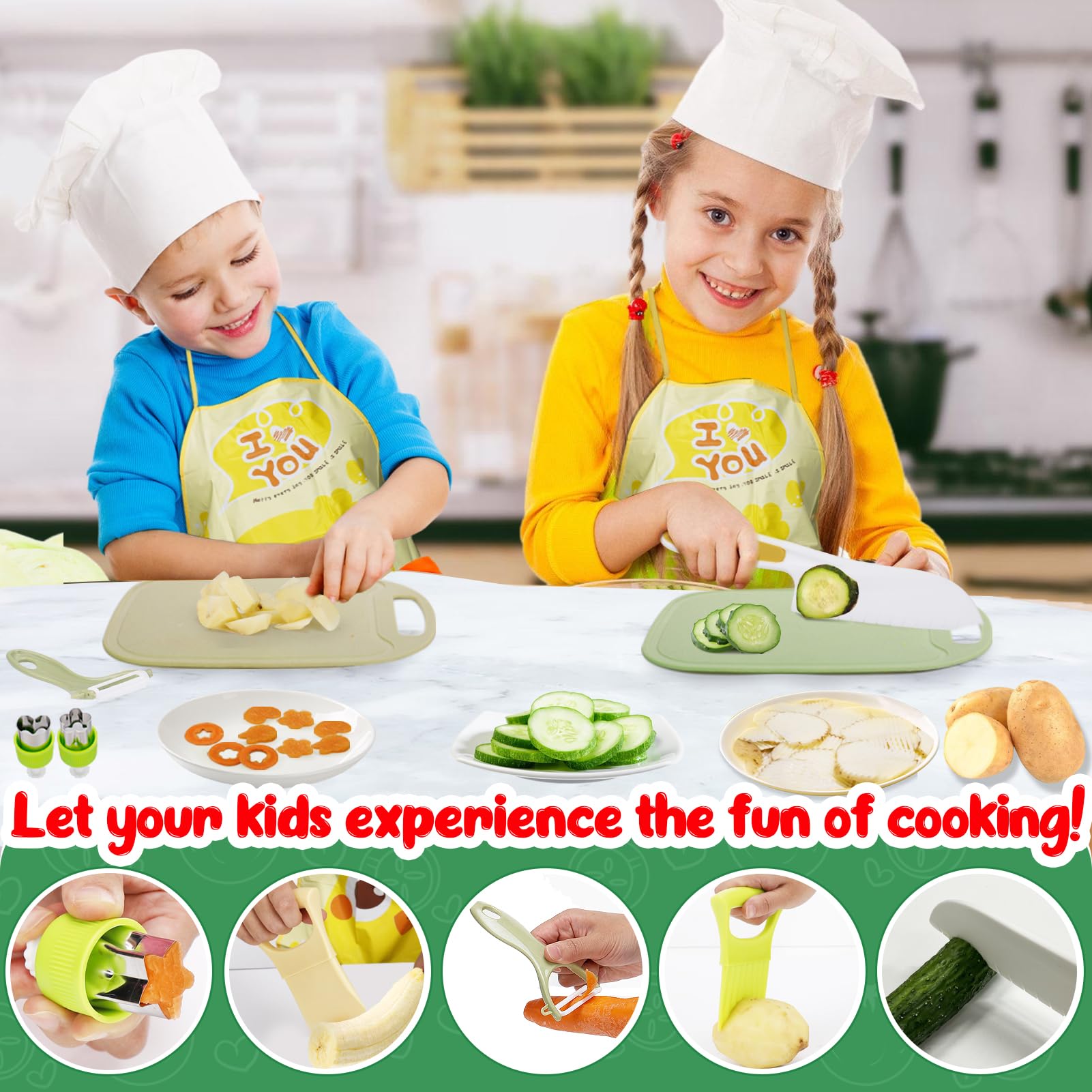 Kids Knife Set for Real Cooking - Safe Kitchen Tools for Toddlers Kids Gifts Cooking Set with Basket Apron Plastic Safe Knife Cutting Board Sandwich Cutters Peeler for 4, 5, 6, 7 Years