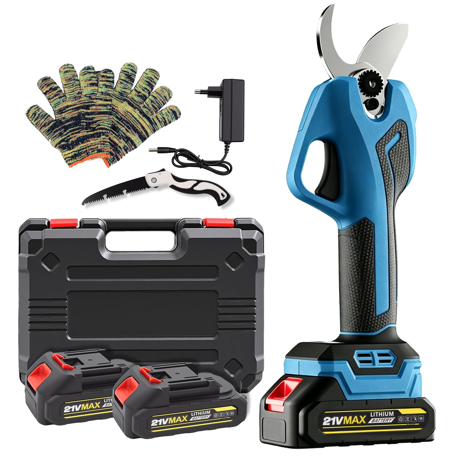 Tijeras de podar eléctricas profesionales de 40 mm de diámetro, cuchillas SK5, dos baterías de litio de 2000 mAh, pantalla LCD, motor sin escobillas, incluye sierra, guantes y piedra de afilar. Juego
