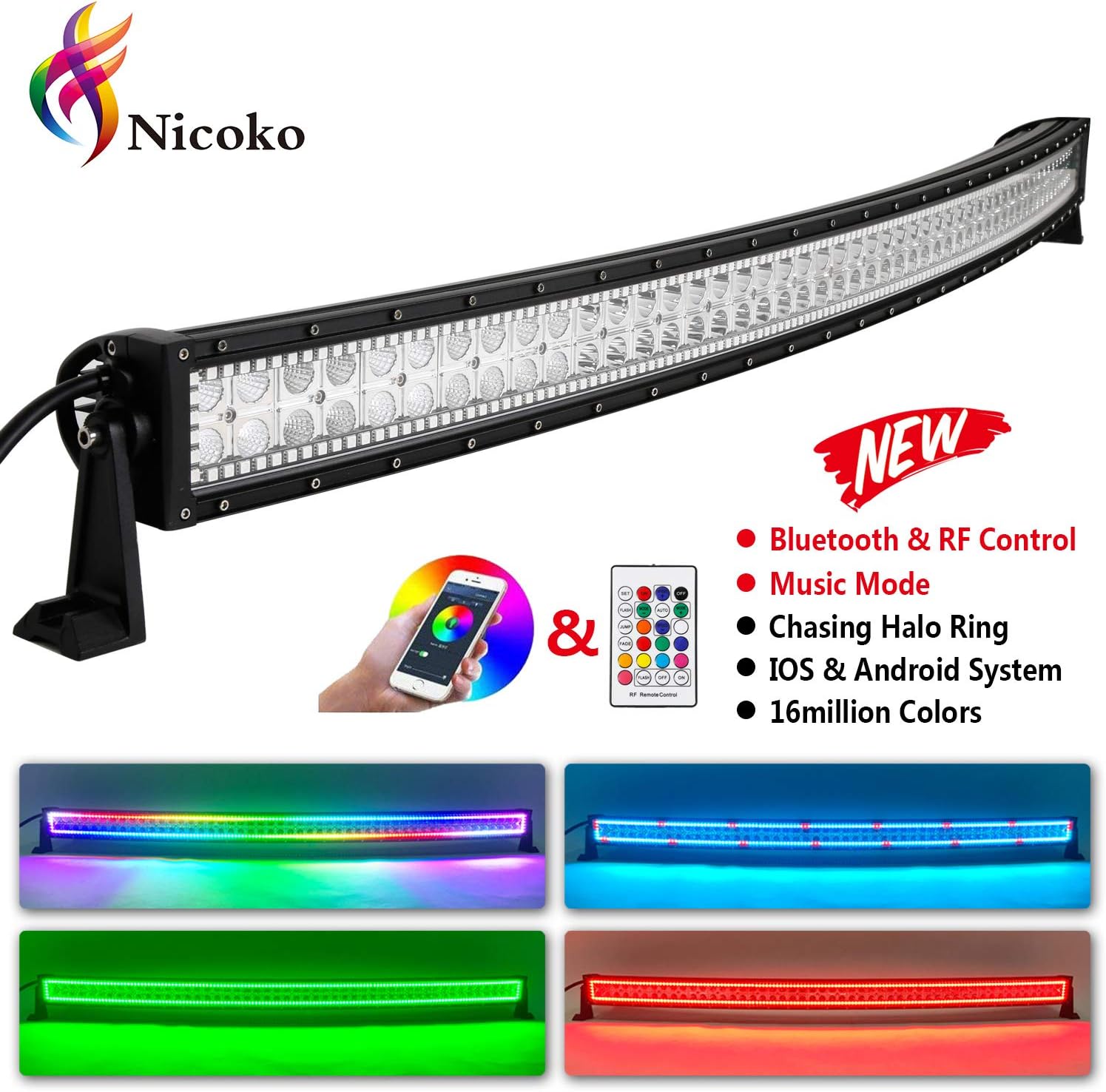 LED Light Bar, Nicoko Curved 50 Inch 288w LED lights with Multicolor RGB Chase Halo Bluetooth app controlled with Music Function over 300 Modes for Off Road Lights Driving Lights Fog Light Jeep lights
