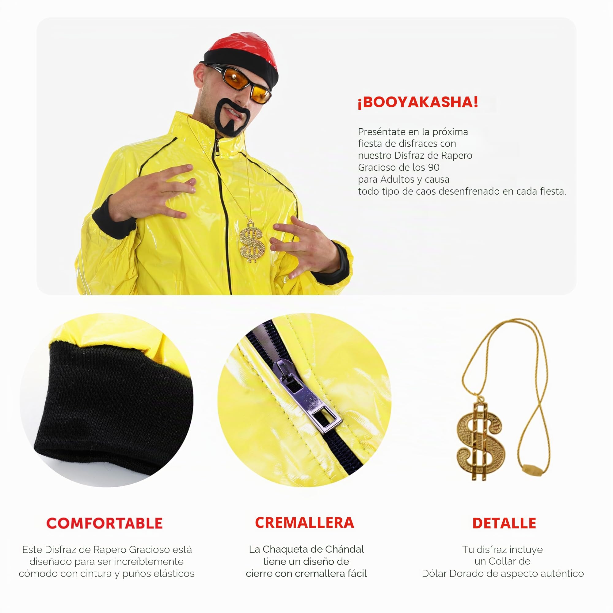 Disfraz de rapero amarillo para adultos, traje de concha amarilla y negra, sombrero rojo, gafas de sol amarillas, cadena de signo de dólar, percha negra, disfraz de película de televisión para adultos