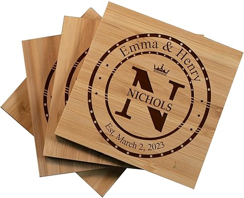 Miniatura 1 de Personalized Bamboo Coasters, Set of 4 Square Custom Coaster with Holder, Anniversary, Housewarming, Birthday, Engagement, Wedding Gift, Monogram