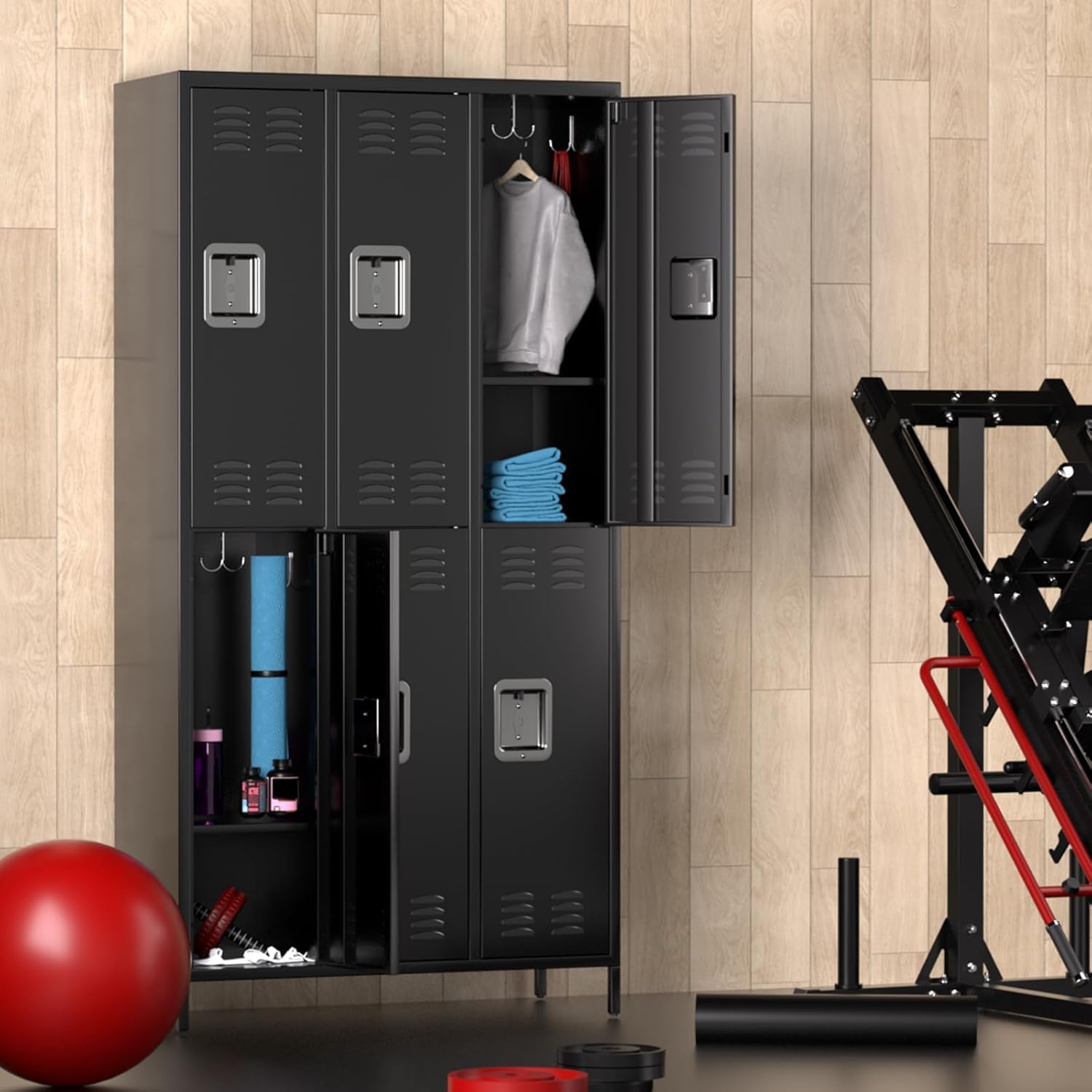 GarveeHome Metal Storage Locker with 6 Doors, Metal Locker for Employees with 18 Hooks for Garage School Office Gym Home, Assembly Required, Black