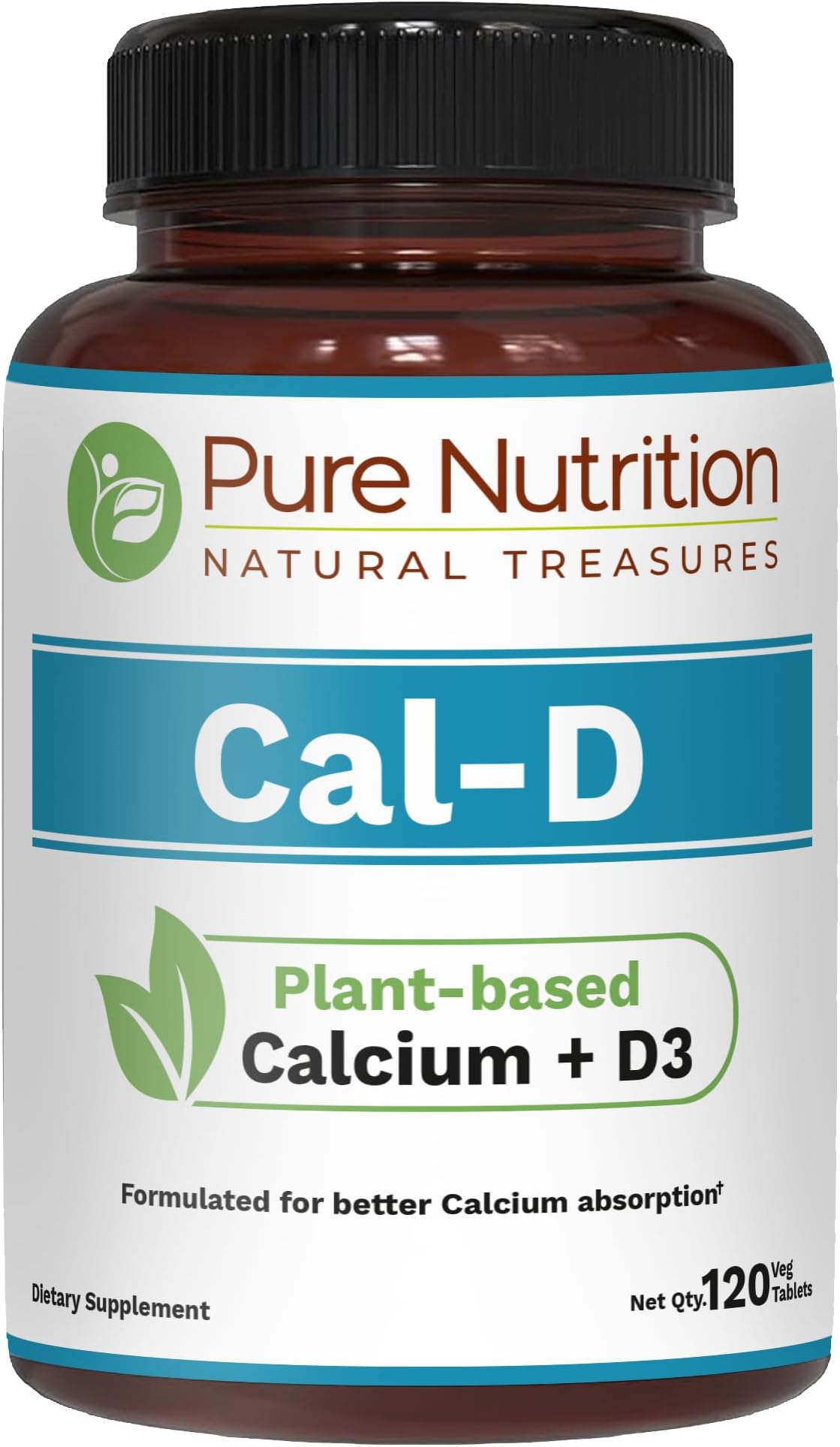 Pure Nutrition Cal D - Plant Based Calcium with VIT D3 K2 & Magnesium | 120 Tabs | 500mg Vegan Calcium per Serving | Algae Calcium Supplement for Bone Health