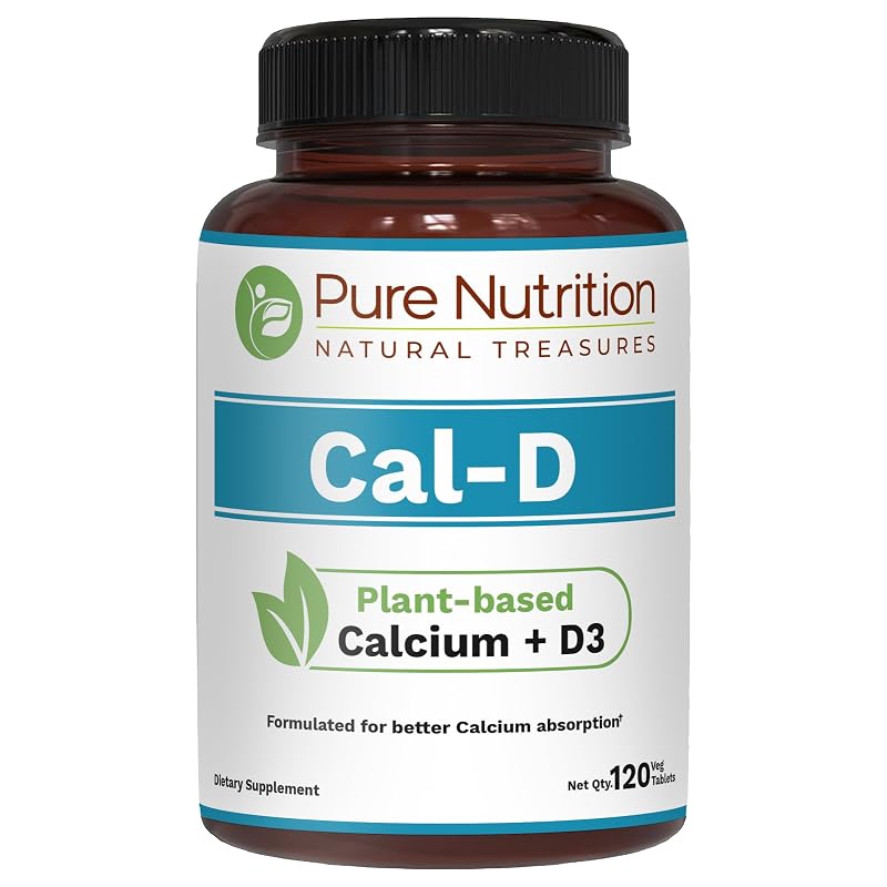PURE NUTRITION NATURAL TREASURES Suplemento de cálcio vegetal com vitaminas D3 e K2 e magnésio, 500 mg por porção, 120 comprimidos